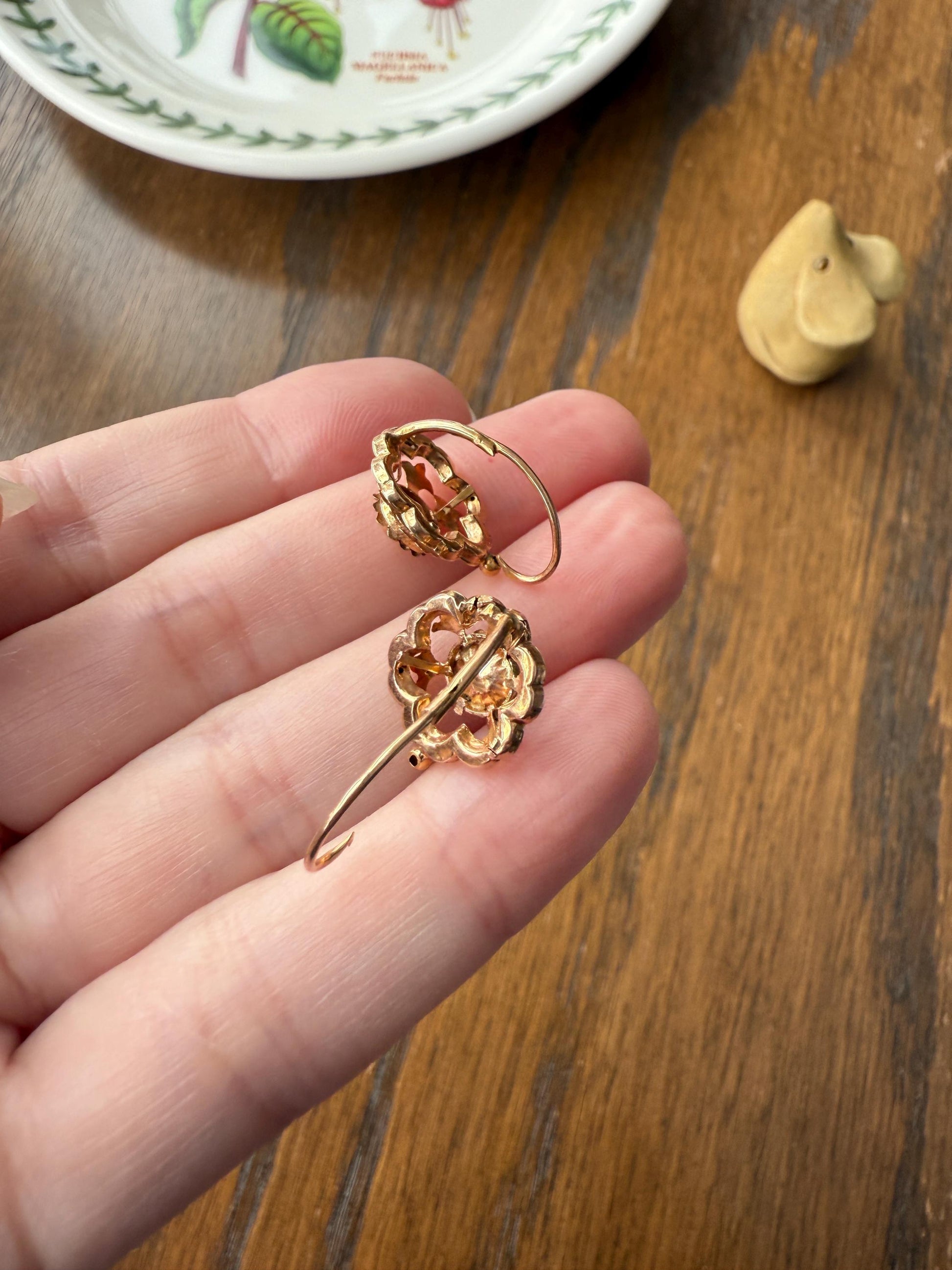 RIVETED Floral FRENCH Antique 18k GOLD Earrings Dainty Dormeuse Dangle Romantic Something Old Bridal Victorian Gift Belle Epoque