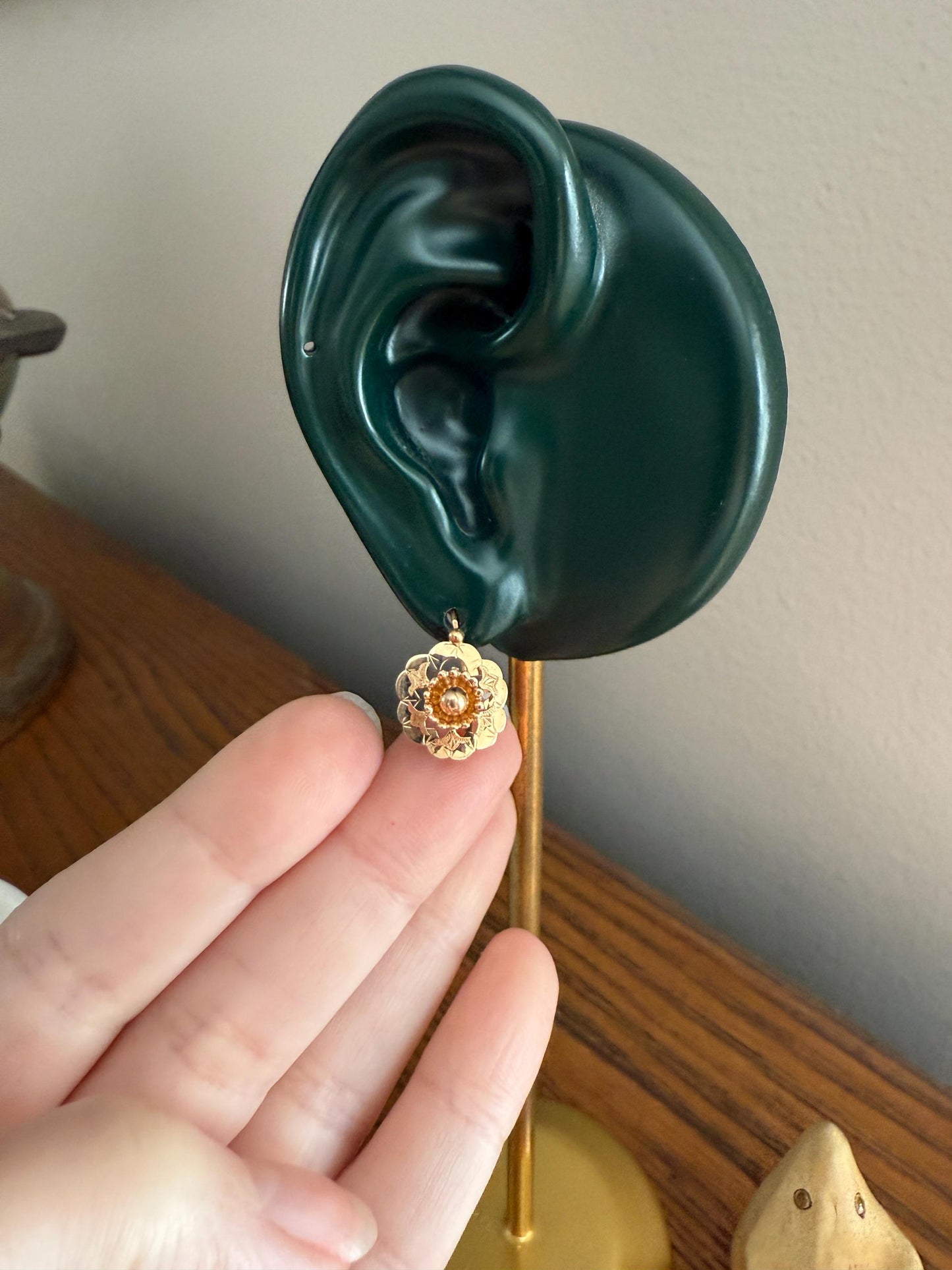 RIVETED Floral FRENCH Antique 18k GOLD Earrings Dainty Dormeuse Dangle Romantic Something Old Bridal Victorian Gift Belle Epoque