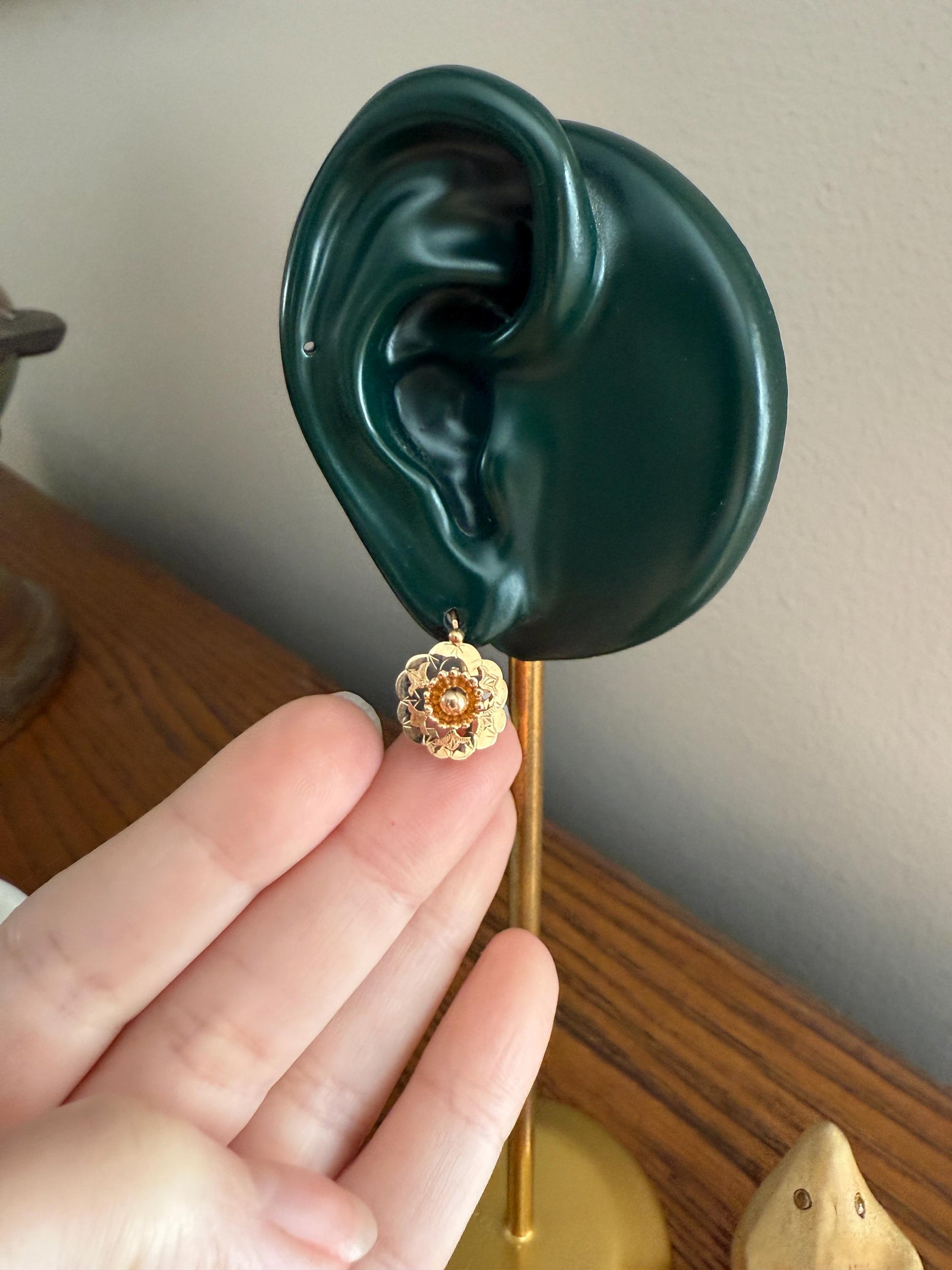 RIVETED Floral FRENCH Antique 18k GOLD Earrings Dainty Dormeuse Dangle Romantic Something Old Bridal Victorian Gift Belle Epoque