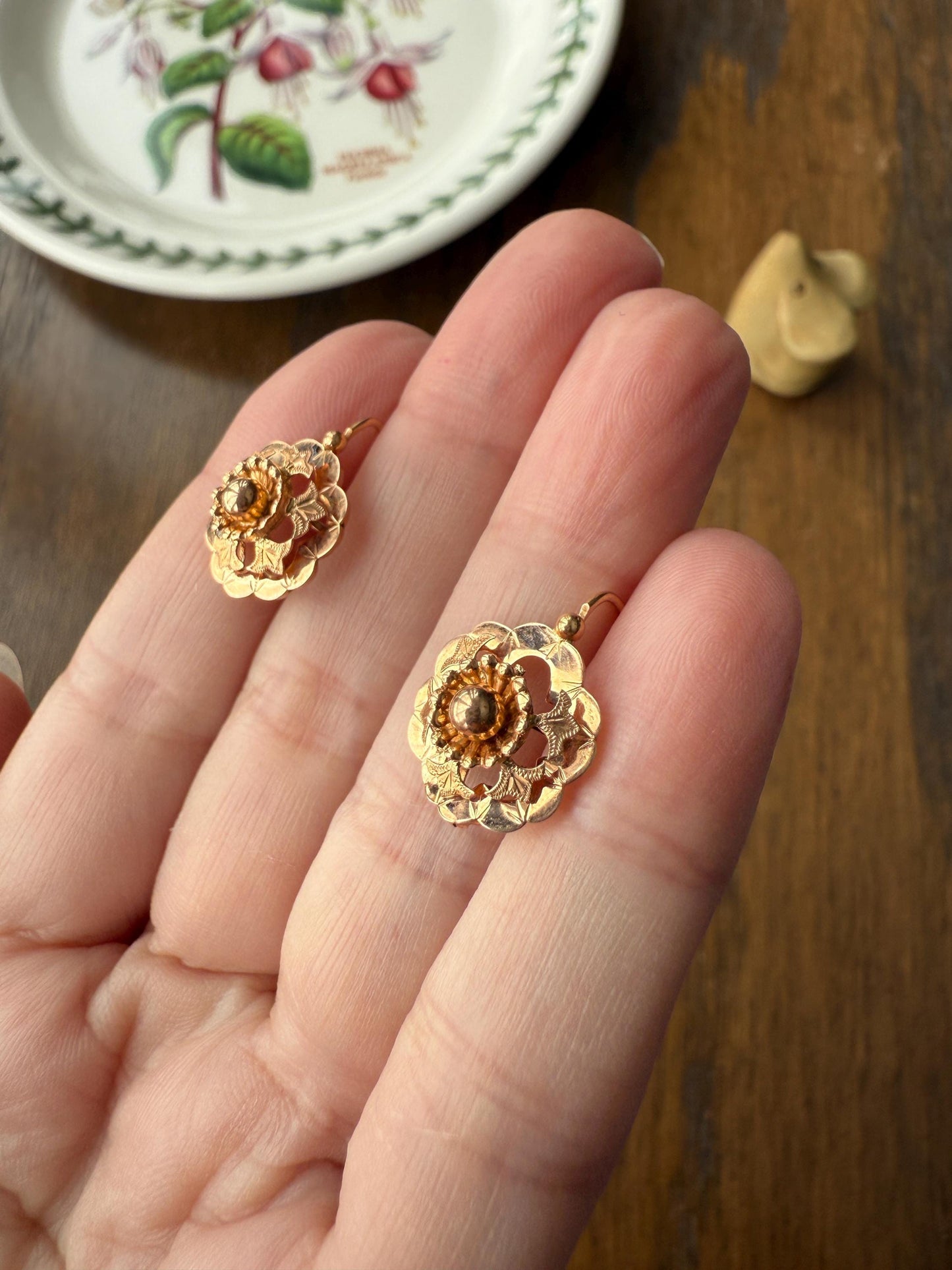 RIVETED Floral FRENCH Antique 18k GOLD Earrings Dainty Dormeuse Dangle Romantic Something Old Bridal Victorian Gift Belle Epoque
