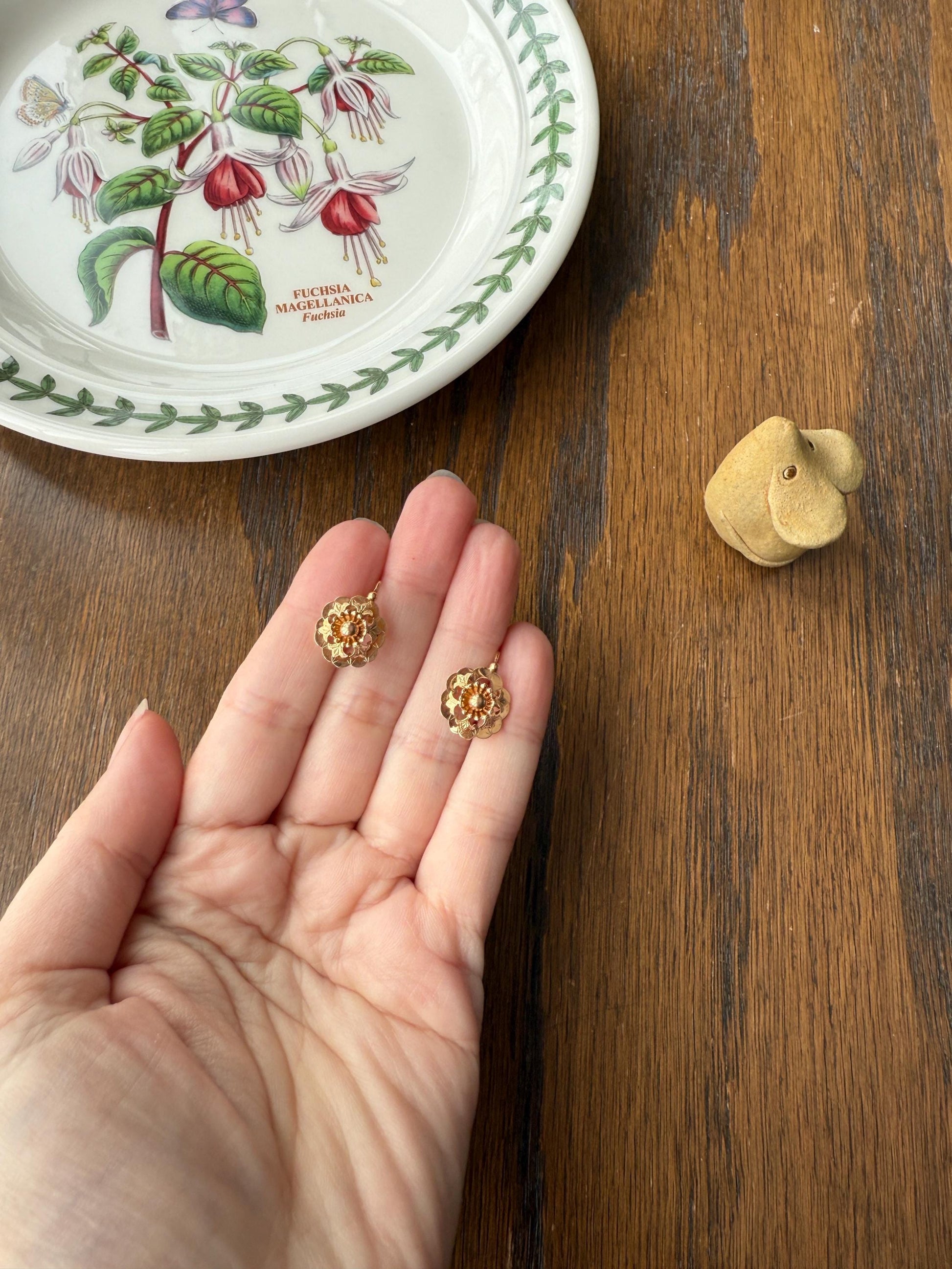 RIVETED Floral FRENCH Antique 18k GOLD Earrings Dainty Dormeuse Dangle Romantic Something Old Bridal Victorian Gift Belle Epoque