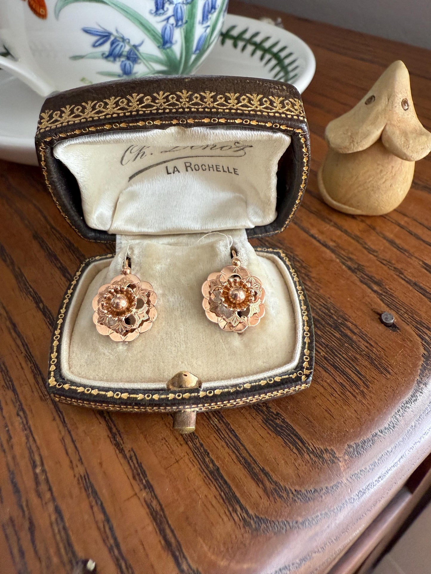 RIVETED Floral FRENCH Antique 18k GOLD Earrings Dainty Dormeuse Dangle Romantic Something Old Bridal Victorian Gift Belle Epoque