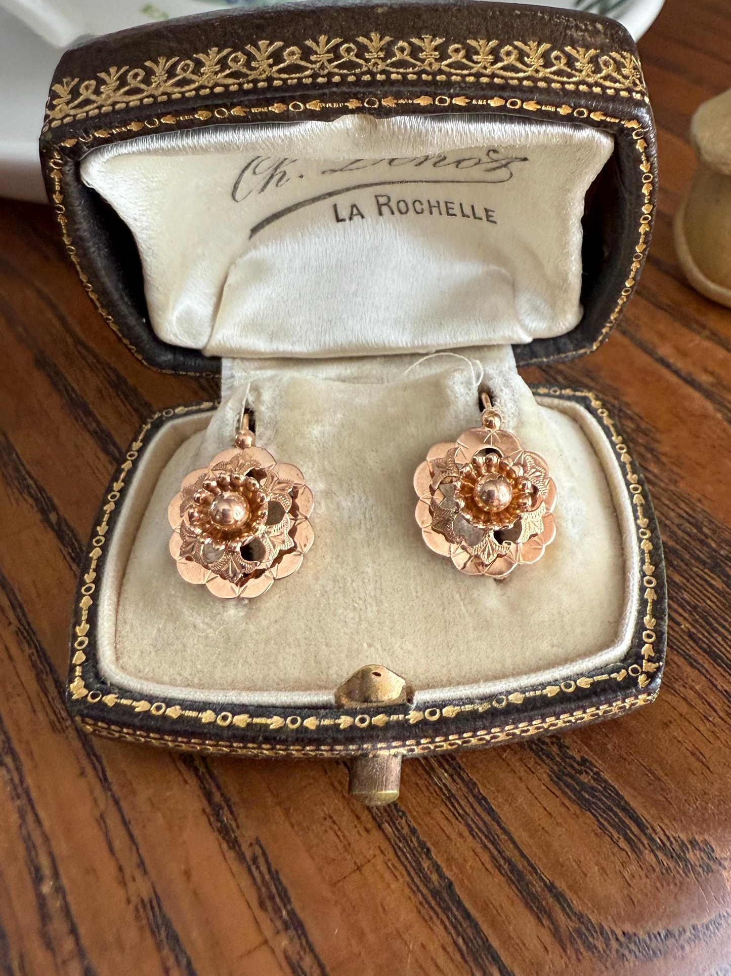 RIVETED Floral FRENCH Antique 18k GOLD Earrings Dainty Dormeuse Dangle Romantic Something Old Bridal Victorian Gift Belle Epoque