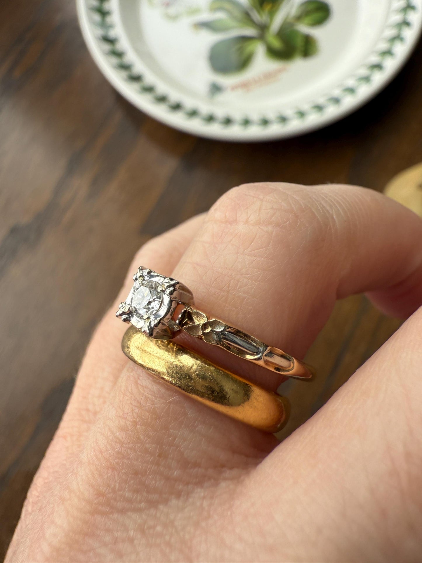FORGET Me NOT Floral Sweetie Antique Old European Cut Diamond Solitaire Engagement Wedding Ring Stacker Band 14k Gold JR Wood Art Deco