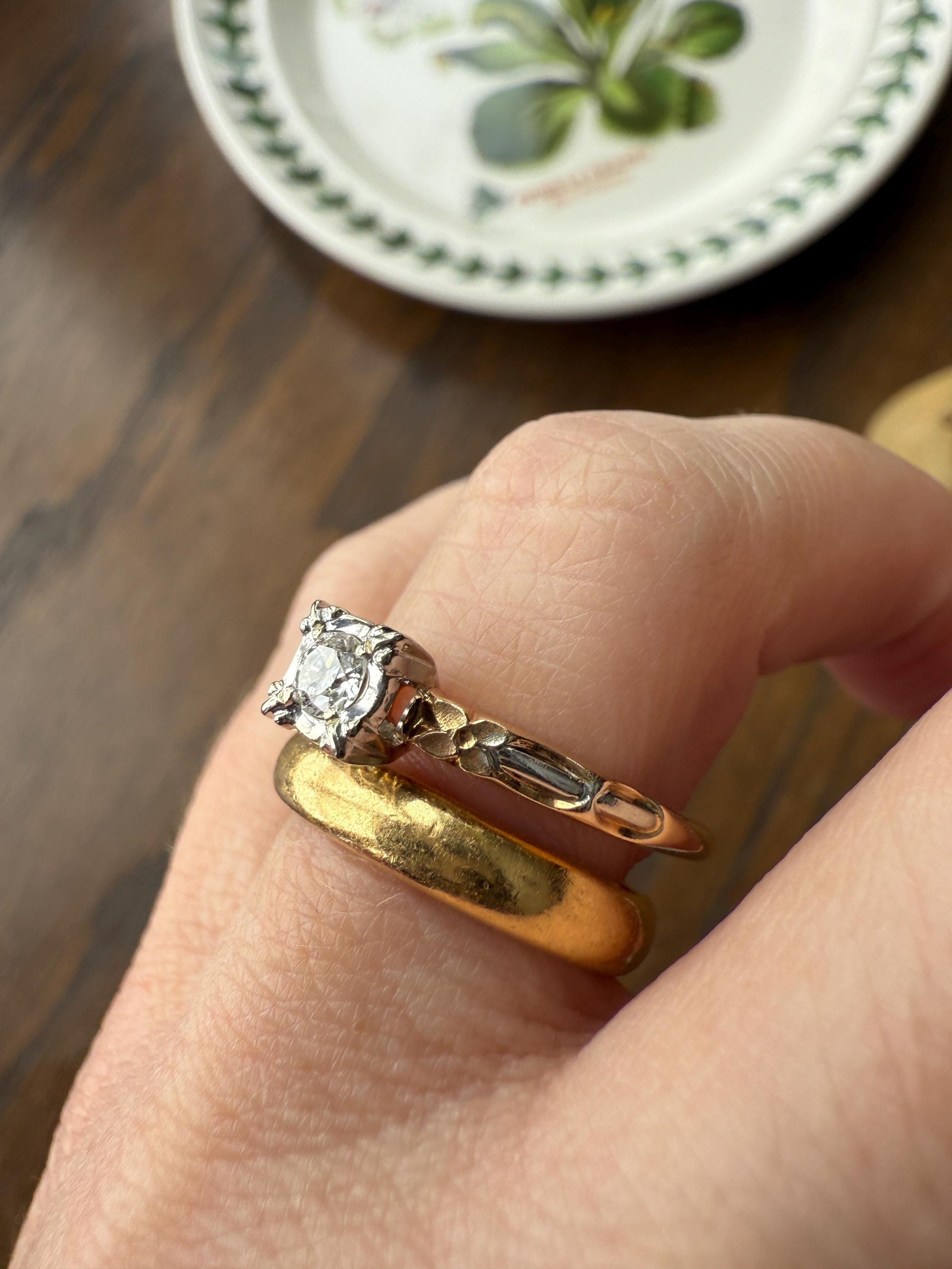 FORGET Me NOT Floral Sweetie Antique Old European Cut Diamond Solitaire Engagement Wedding Ring Stacker Band 14k Gold JR Wood Art Deco