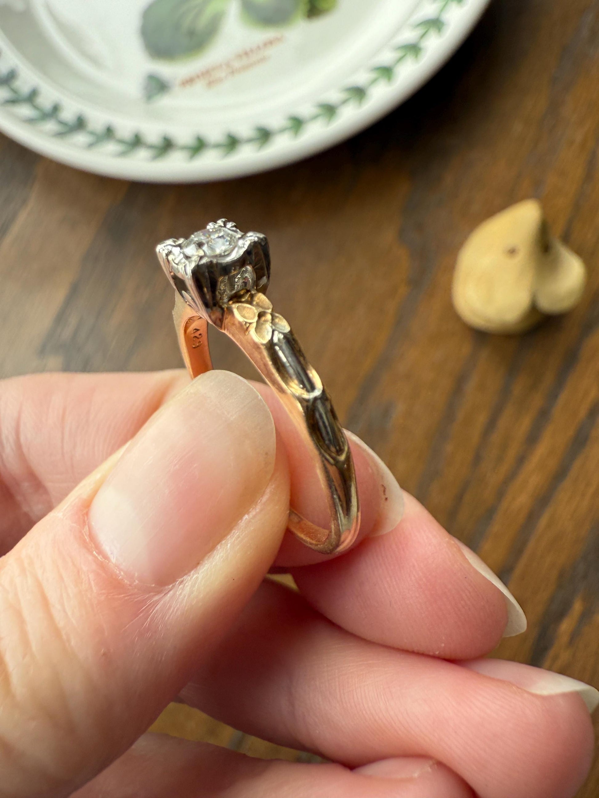FORGET Me NOT Floral Sweetie Antique Old European Cut Diamond Solitaire Engagement Wedding Ring Stacker Band 14k Gold JR Wood Art Deco