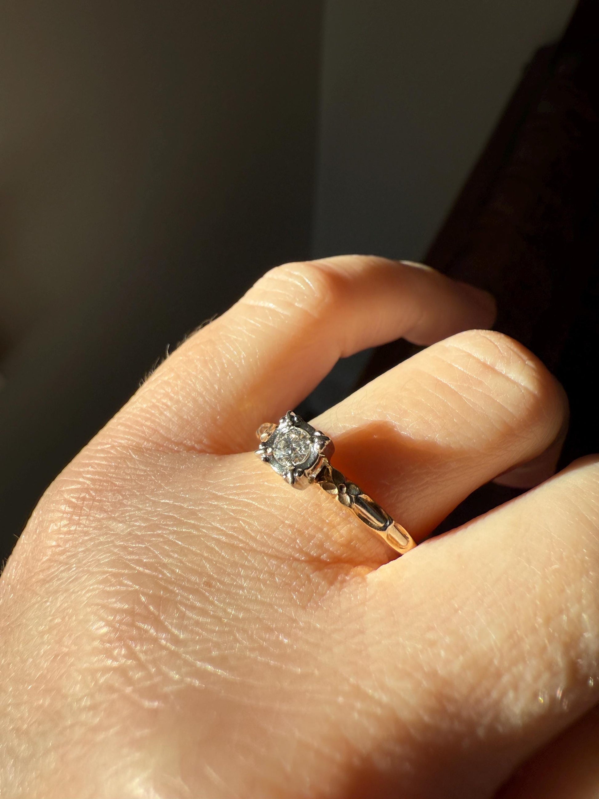 FORGET Me NOT Floral Sweetie Antique Old European Cut Diamond Solitaire Engagement Wedding Ring Stacker Band 14k Gold JR Wood Art Deco