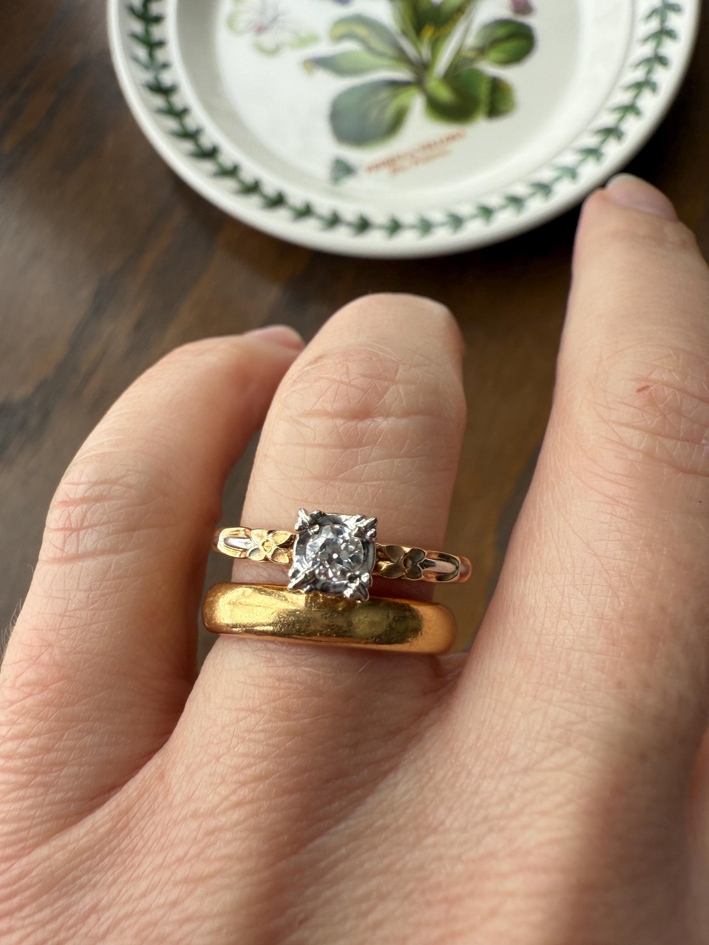 FORGET Me NOT Floral Sweetie Antique Old European Cut Diamond Solitaire Engagement Wedding Ring Stacker Band 14k Gold JR Wood Art Deco