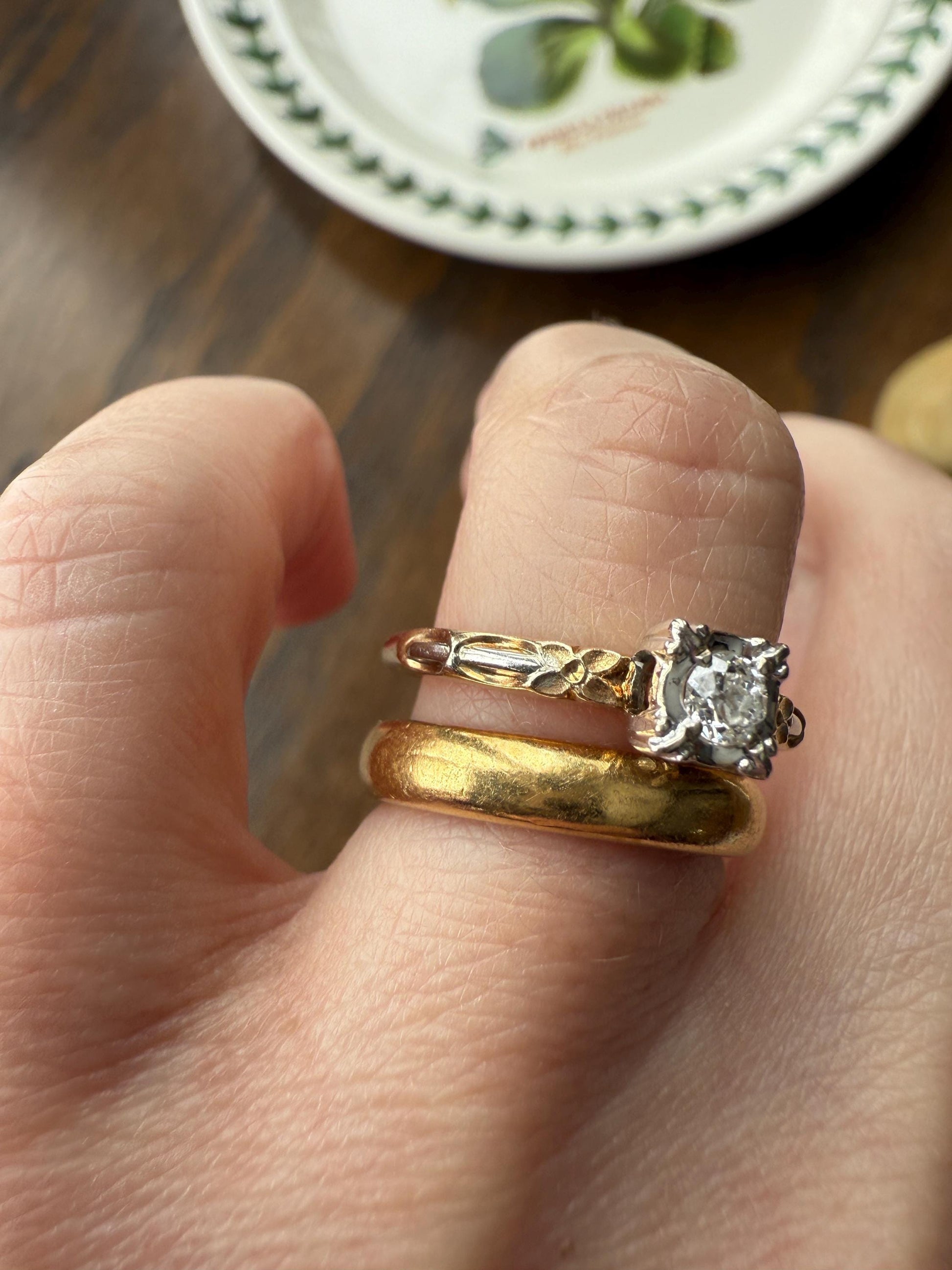 FORGET Me NOT Floral Sweetie Antique Old European Cut Diamond Solitaire Engagement Wedding Ring Stacker Band 14k Gold JR Wood Art Deco