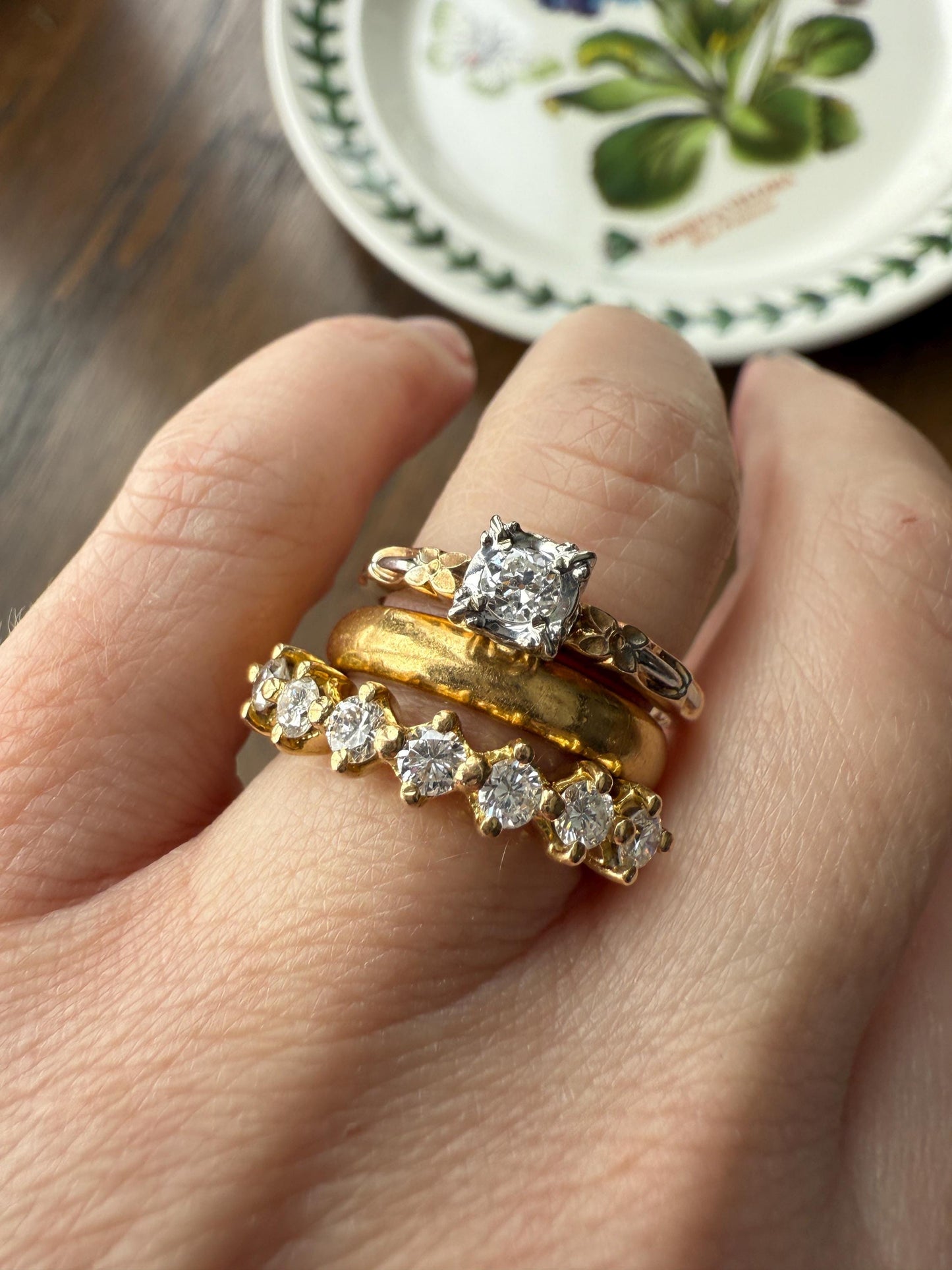 FORGET Me NOT Floral Sweetie Antique Old European Cut Diamond Solitaire Engagement Wedding Ring Stacker Band 14k Gold JR Wood Art Deco