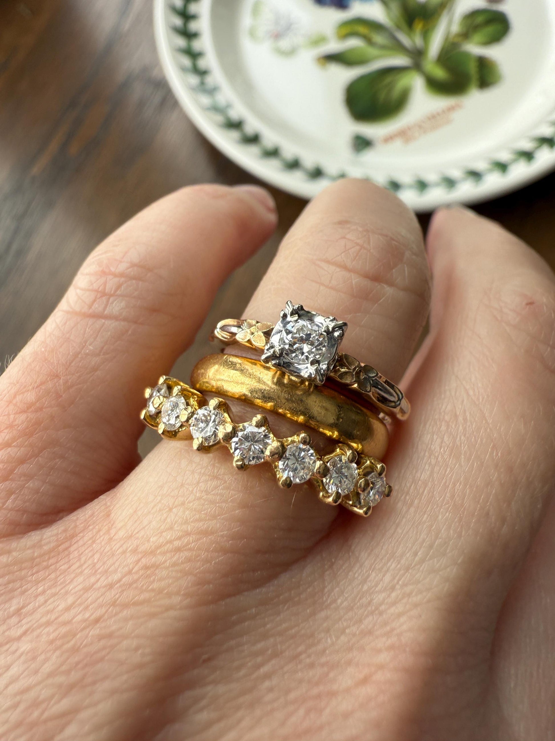 FORGET Me NOT Floral Sweetie Antique Old European Cut Diamond Solitaire Engagement Wedding Ring Stacker Band 14k Gold JR Wood Art Deco