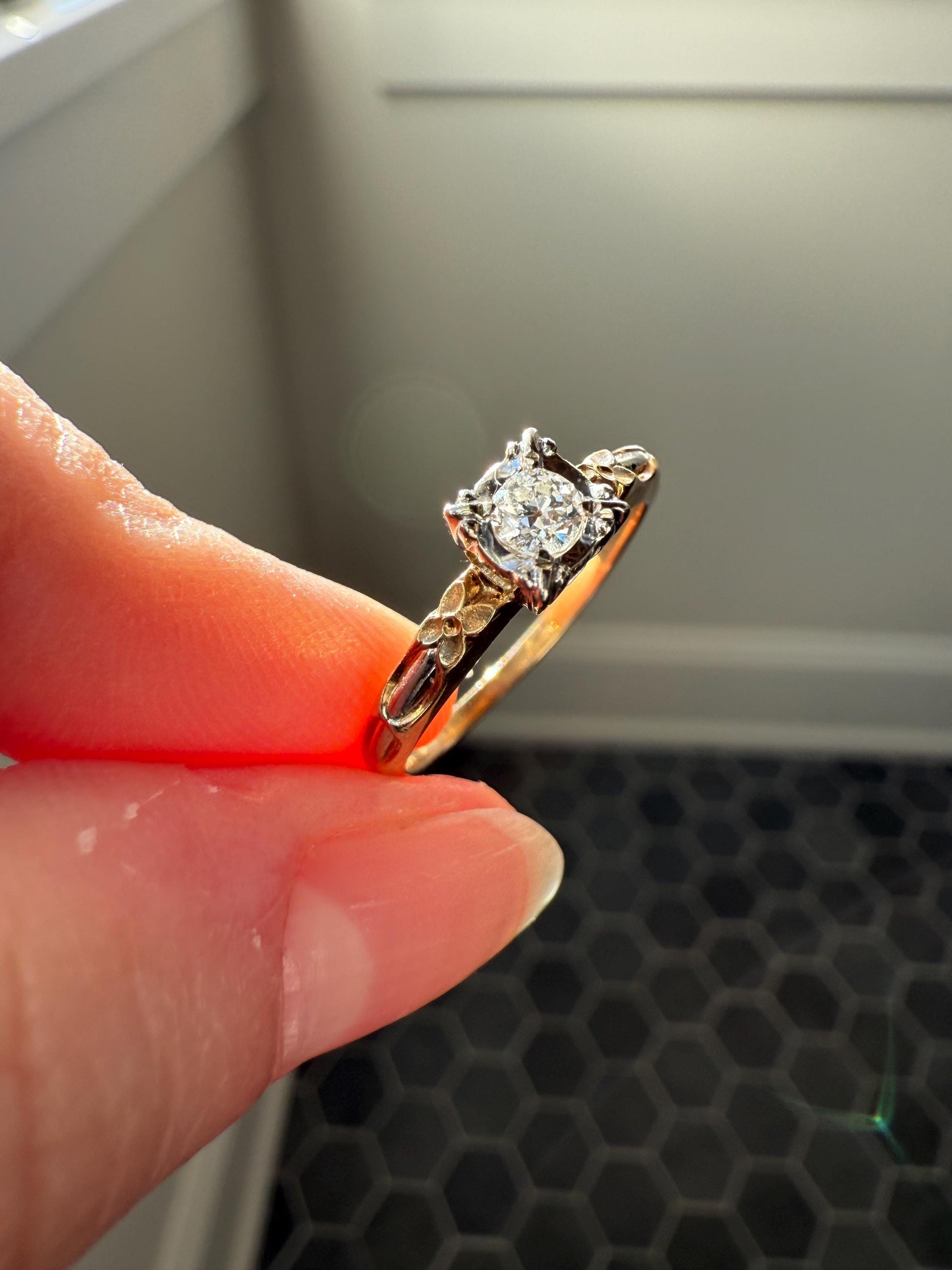 FORGET Me NOT Floral Sweetie Antique Old European Cut Diamond Solitaire Engagement Wedding Ring Stacker Band 14k Gold JR Wood Art Deco