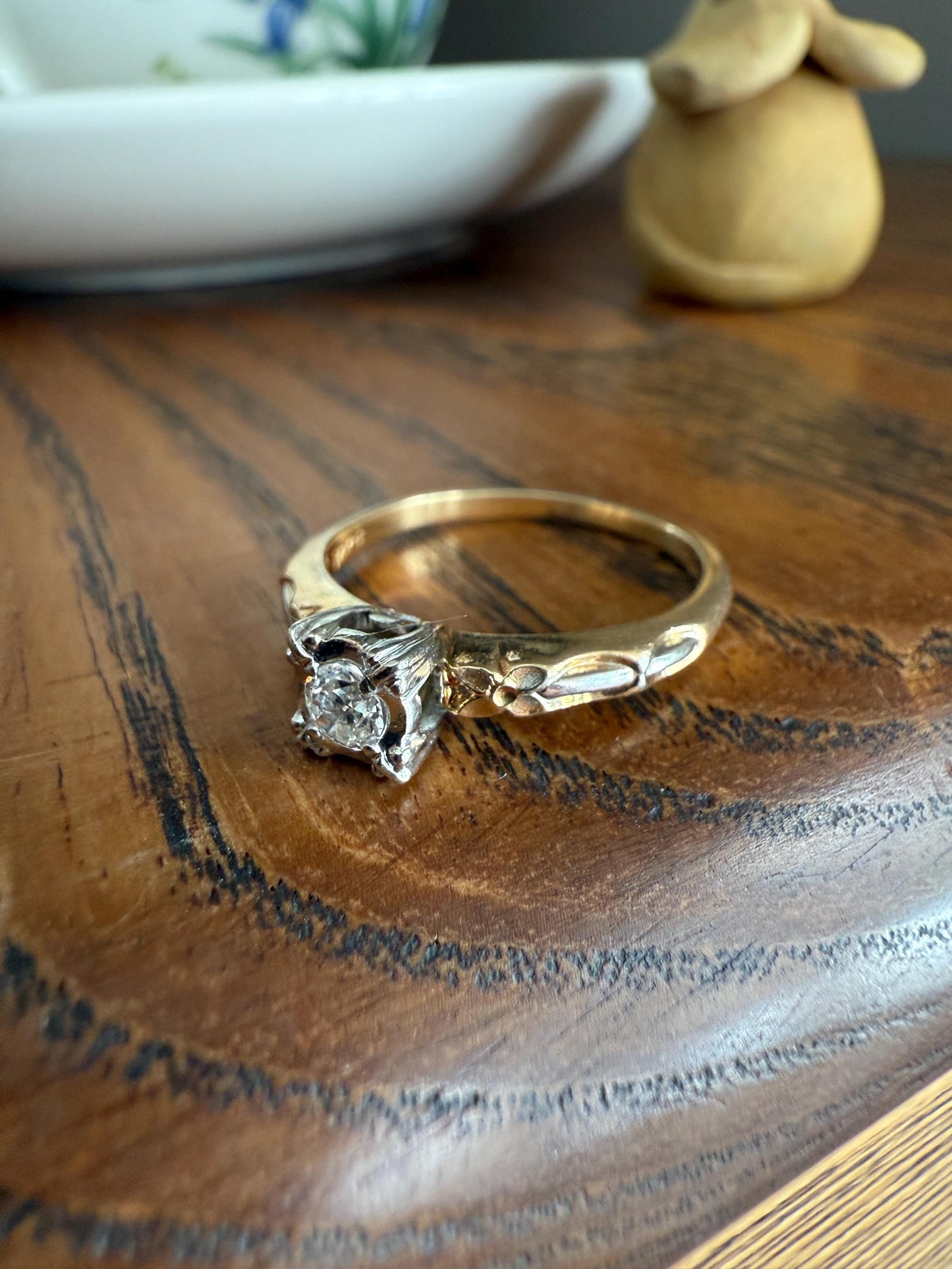 FORGET Me NOT Floral Sweetie Antique Old European Cut Diamond Solitaire Engagement Wedding Ring Stacker Band 14k Gold JR Wood Art Deco