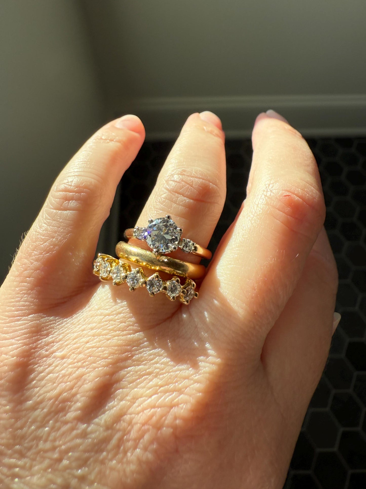 Vintage Seven Stone Diamond Half Hoop Eternity Band French 18k Gold Wedding Stacker