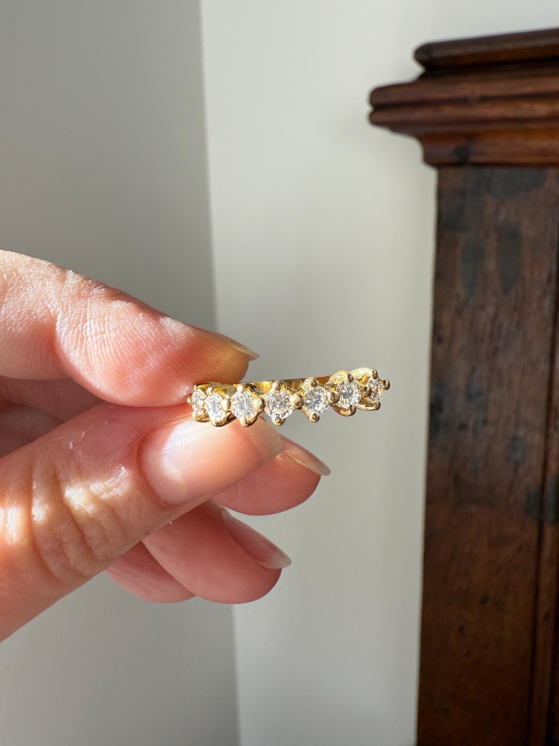 Vintage Seven Stone Diamond Half Hoop Eternity Band French 18k Gold Wedding Stacker