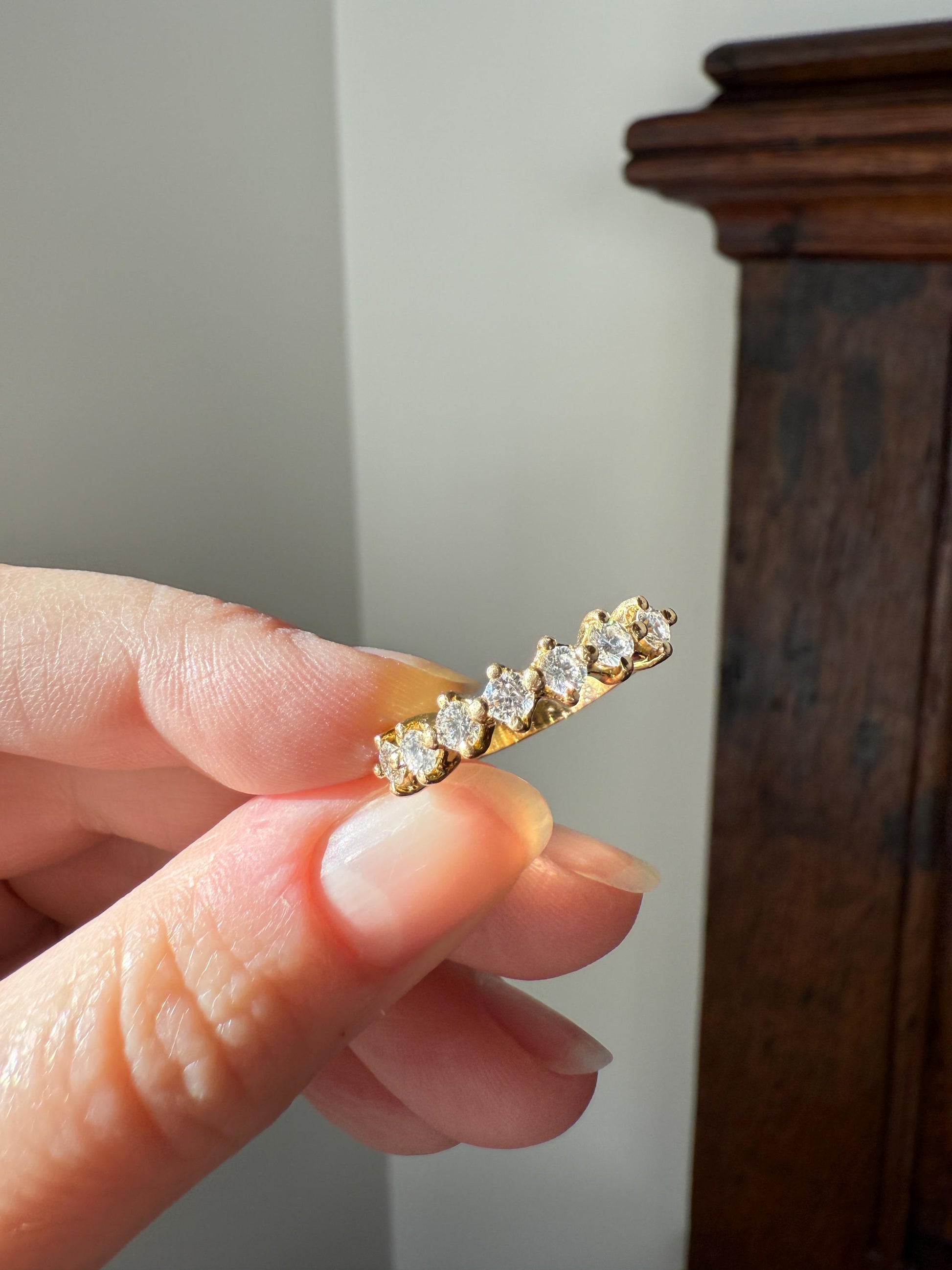 Vintage Seven Stone Diamond Half Hoop Eternity Band French 18k Gold Wedding Stacker