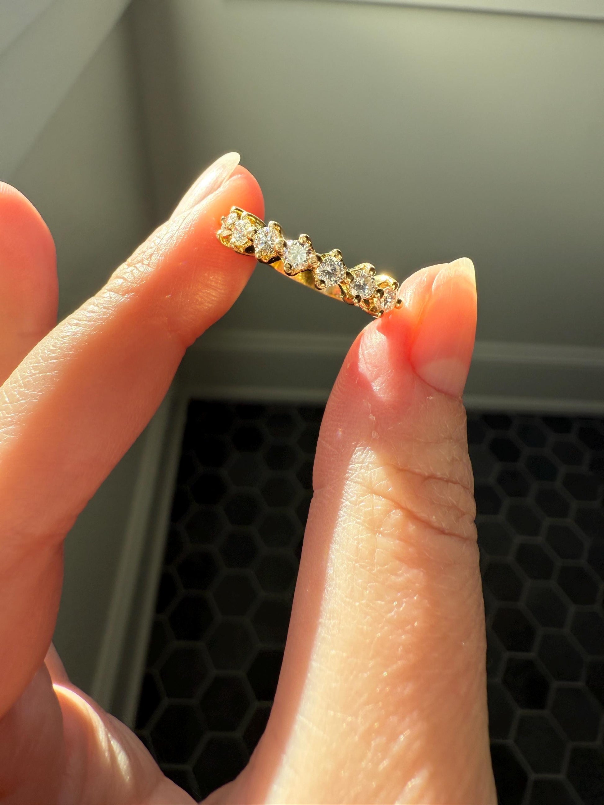 Vintage Seven Stone Diamond Half Hoop Eternity Band French 18k Gold Wedding Stacker