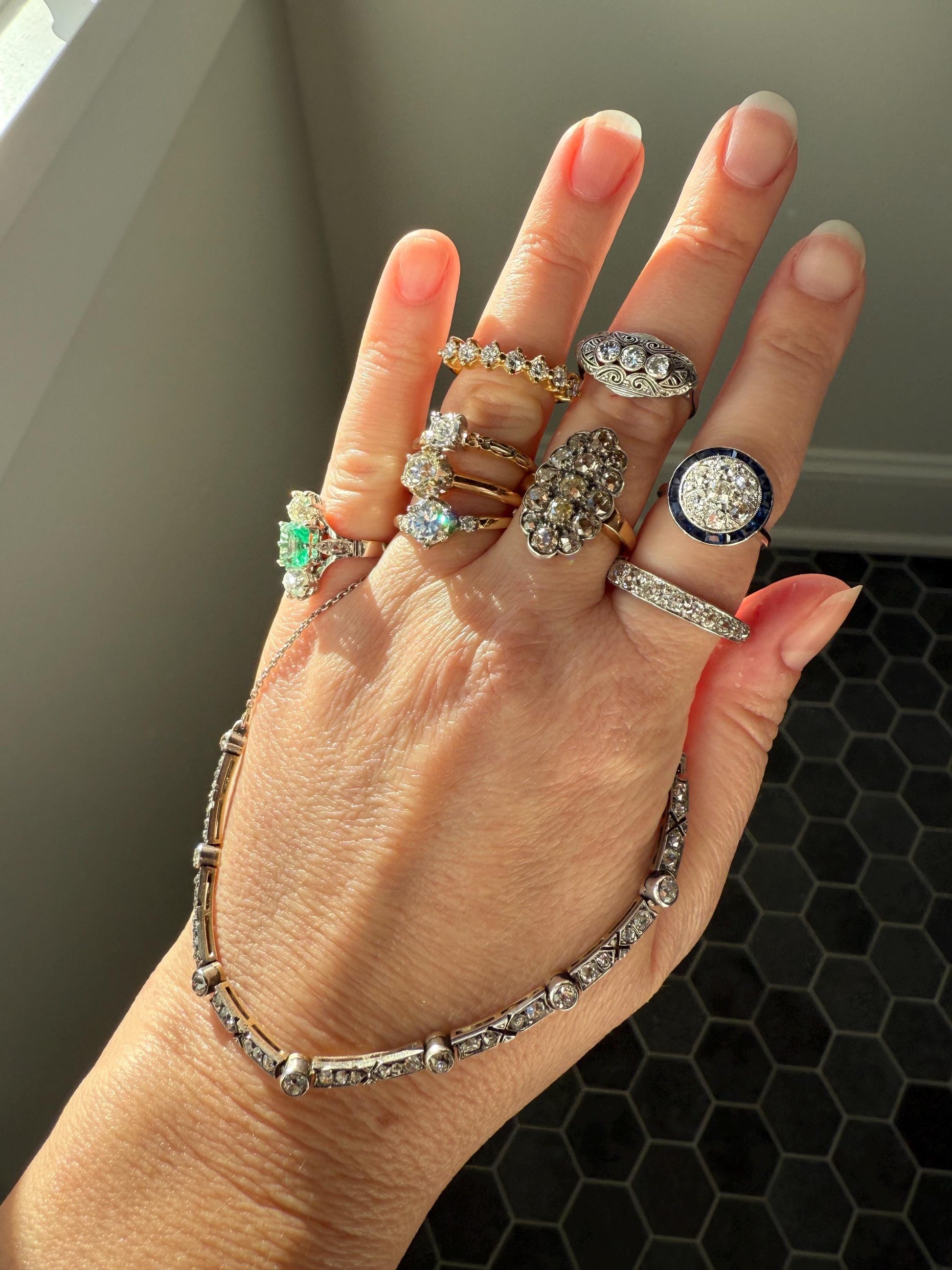 Vintage Seven Stone Diamond Half Hoop Eternity Band French 18k Gold Wedding Stacker