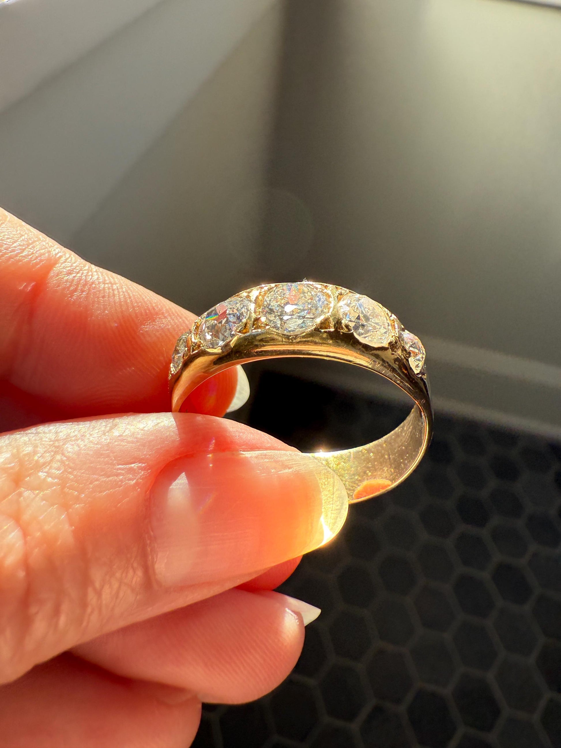 XL 2.5 Carats FIVE Stone Old Mine Cut DIAMOND Gypsy Ring Wide Band 18k Gold Solid Chunky Antique Edwardian Victorian Stacker OmC Man Unisex