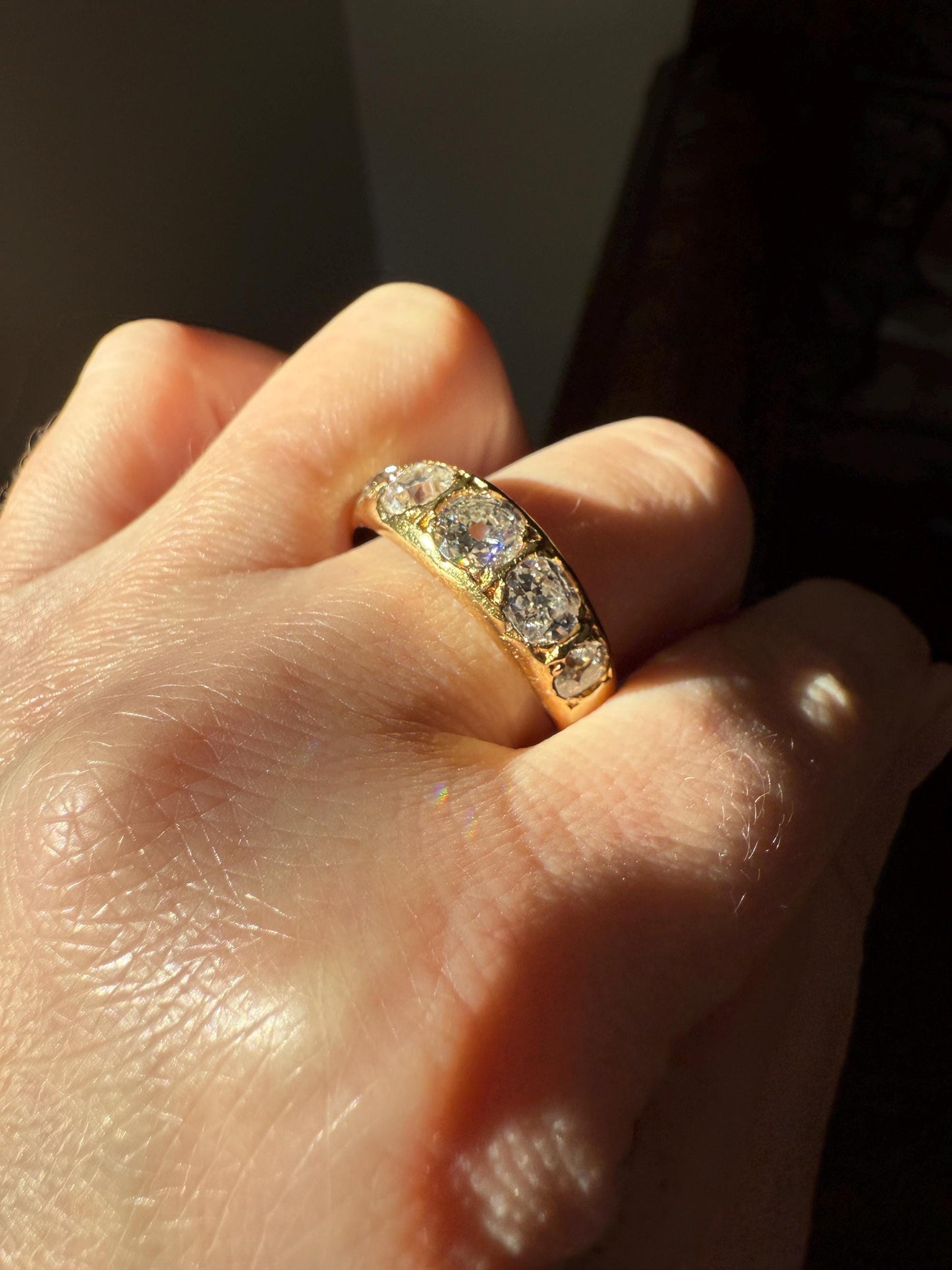 XL 2.5 Carats FIVE Stone Old Mine Cut DIAMOND Gypsy Ring Wide Band 18k Gold Solid Chunky Antique Edwardian Victorian Stacker OmC Man Unisex