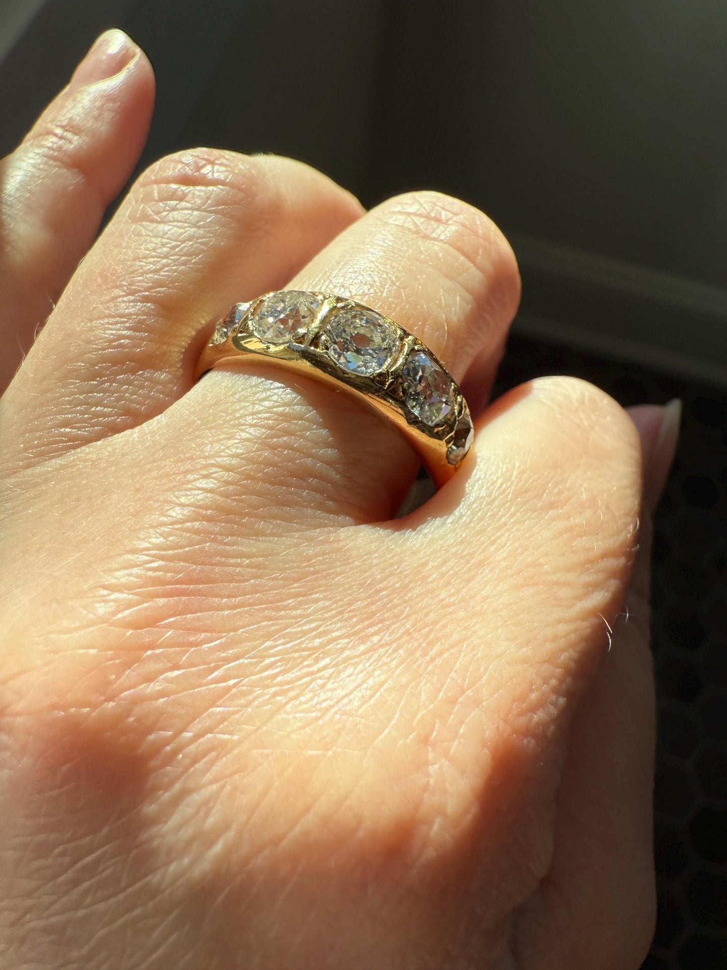XL 2.5 Carats FIVE Stone Old Mine Cut DIAMOND Gypsy Ring Wide Band 18k Gold Solid Chunky Antique Edwardian Victorian Stacker OmC Man Unisex
