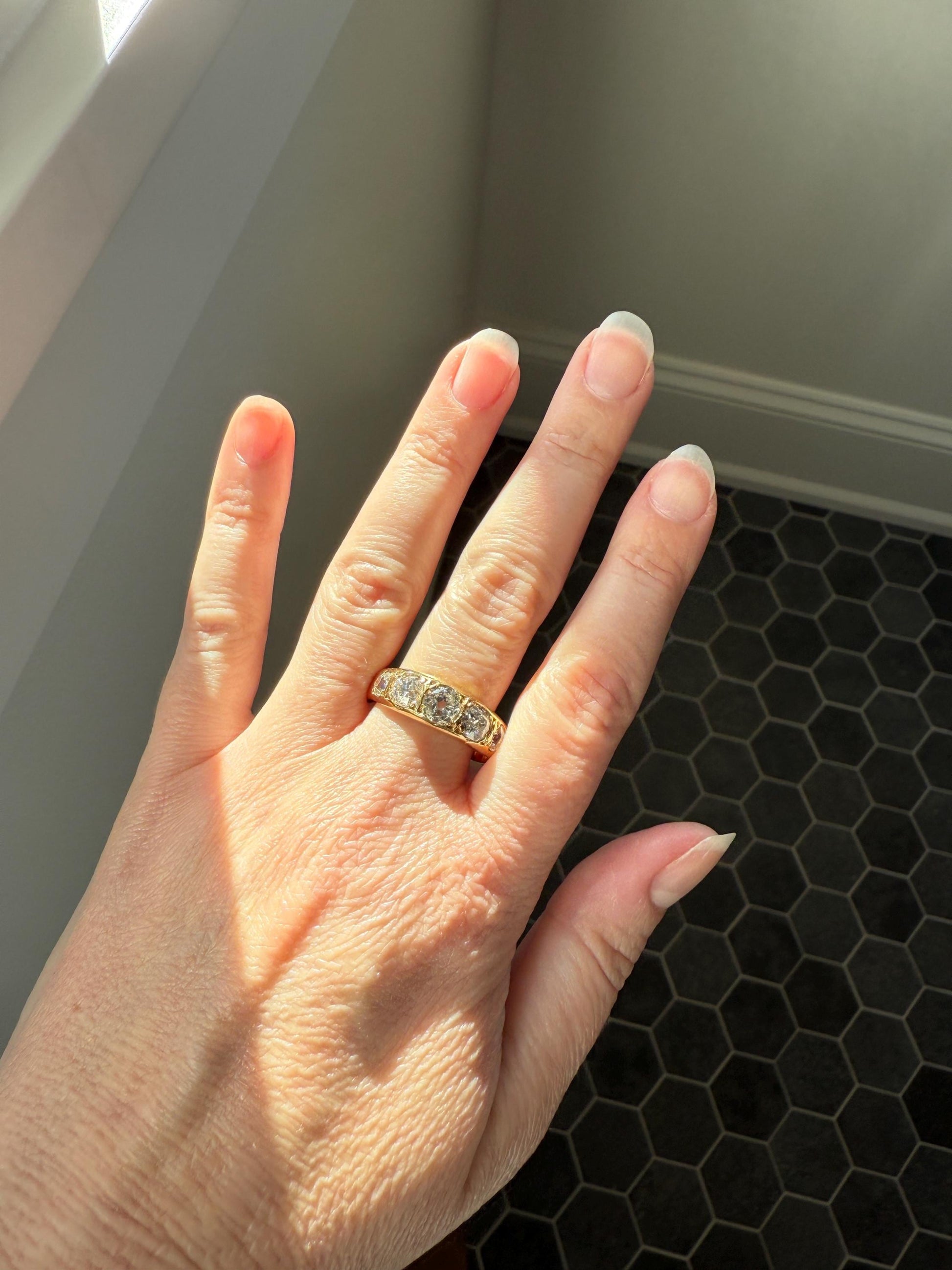 XL 2.5 Carats FIVE Stone Old Mine Cut DIAMOND Gypsy Ring Wide Band 18k Gold Solid Chunky Antique Edwardian Victorian Stacker OmC Man Unisex