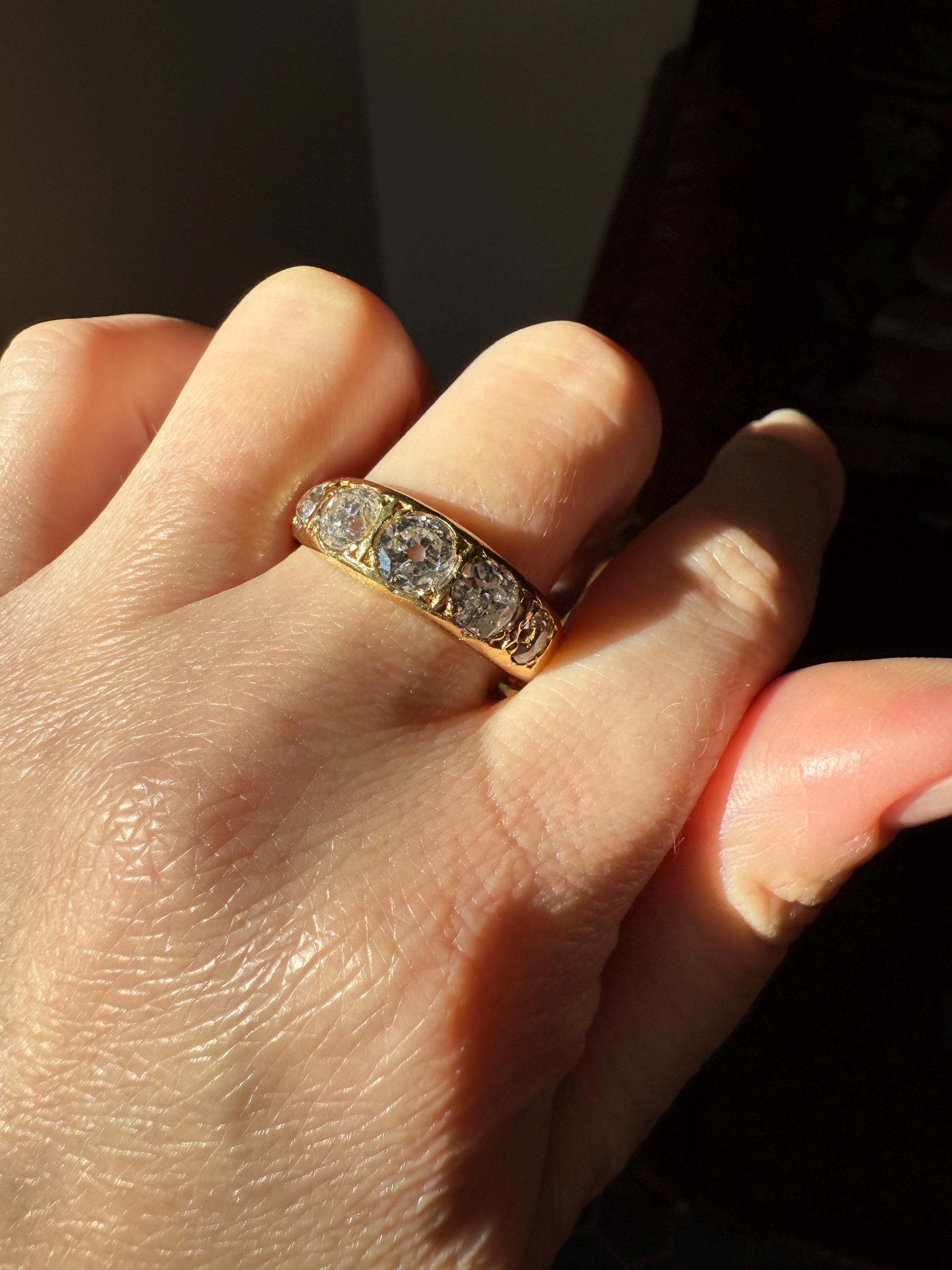 XL 2.5 Carats FIVE Stone Old Mine Cut DIAMOND Gypsy Ring Wide Band 18k Gold Solid Chunky Antique Edwardian Victorian Stacker OmC Man Unisex