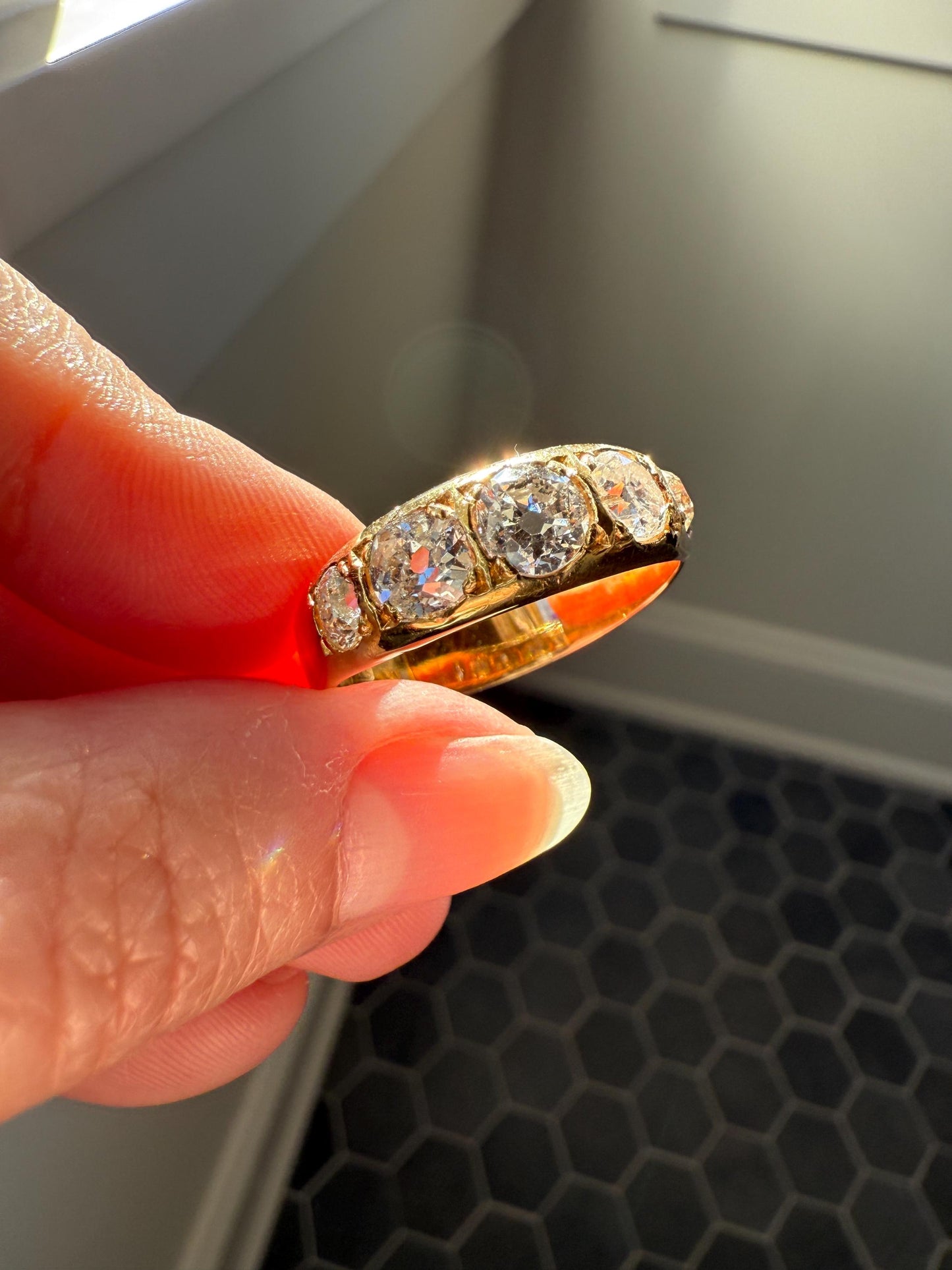 XL 2.5 Carats FIVE Stone Old Mine Cut DIAMOND Gypsy Ring Wide Band 18k Gold Solid Chunky Antique Edwardian Victorian Stacker OmC Man Unisex