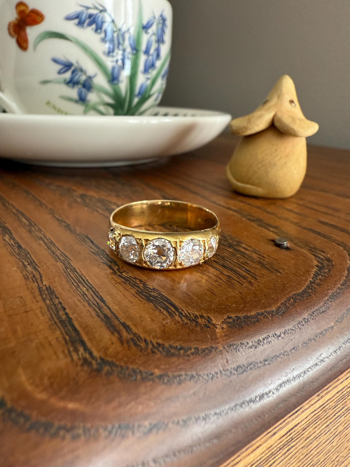 XL 2.5 Carats FIVE Stone Old Mine Cut DIAMOND Gypsy Ring Wide Band 18k Gold Solid Chunky Antique Edwardian Victorian Stacker OmC Man Unisex