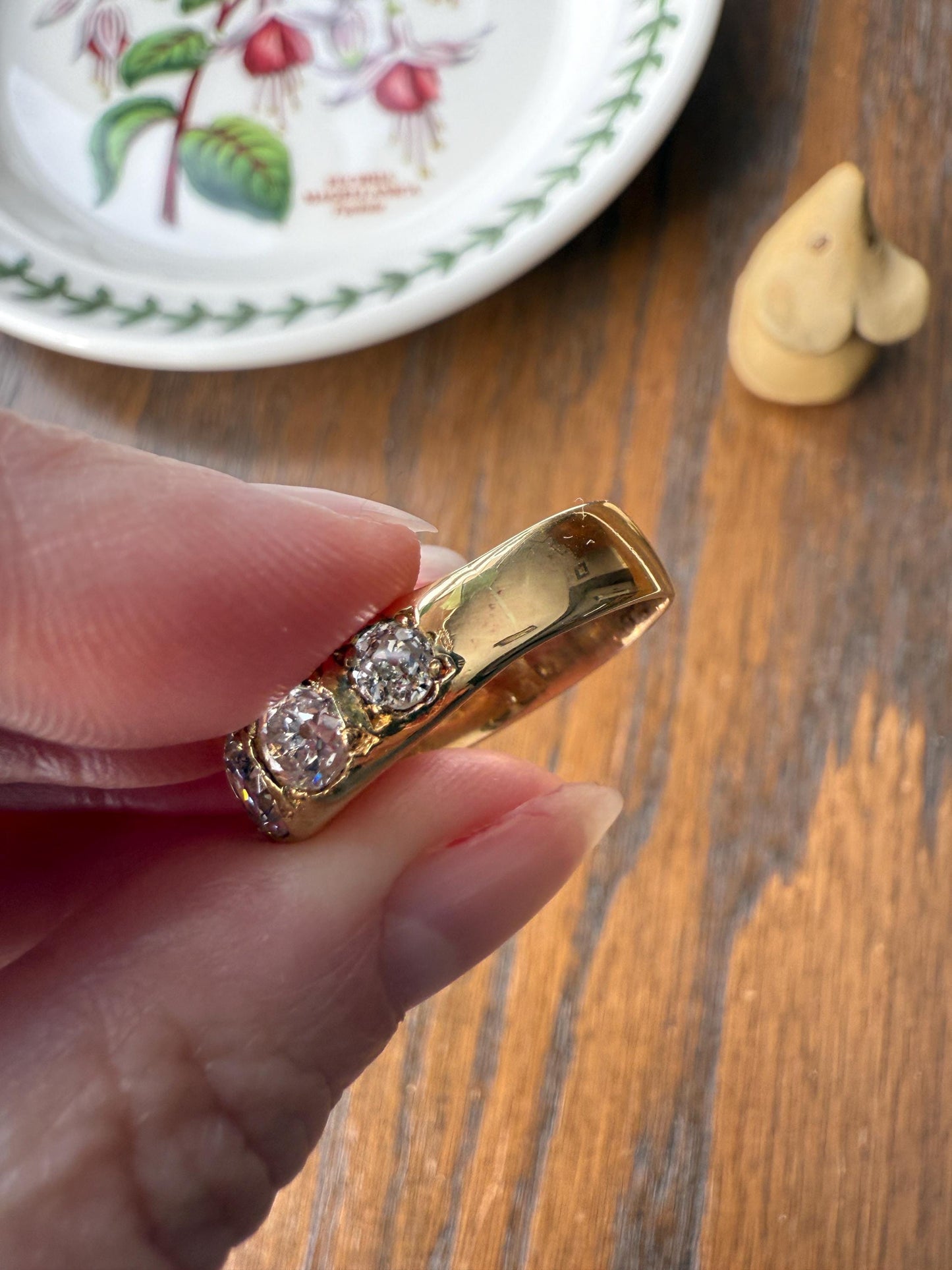 XL 2.5 Carats FIVE Stone Old Mine Cut DIAMOND Gypsy Ring Wide Band 18k Gold Solid Chunky Antique Edwardian Victorian Stacker OmC Man Unisex