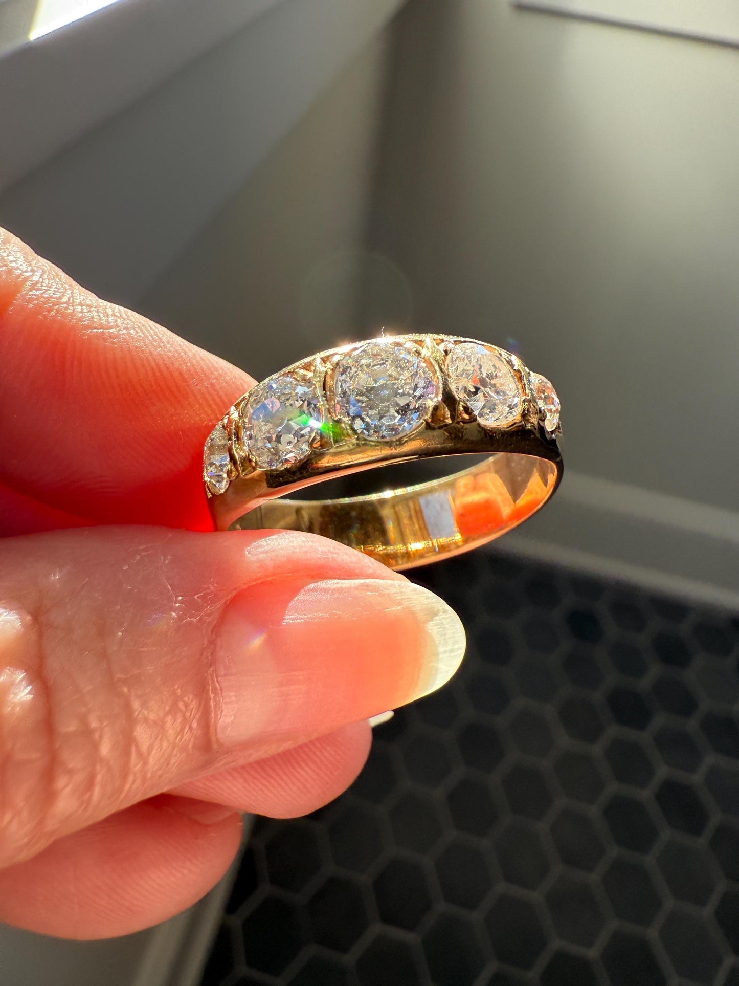 XL 2.5 Carats FIVE Stone Old Mine Cut DIAMOND Gypsy Ring Wide Band 18k Gold Solid Chunky Antique Edwardian Victorian Stacker OmC Man Unisex