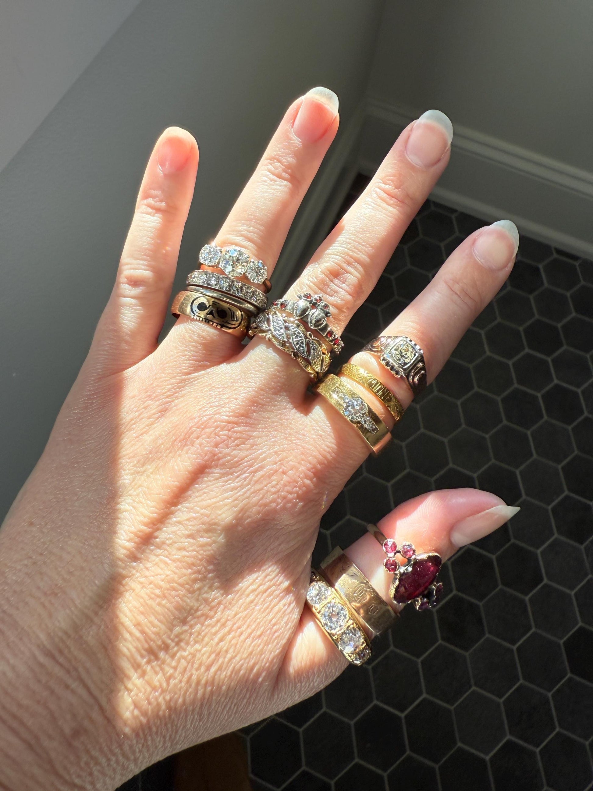 XL 2.5 Carats FIVE Stone Old Mine Cut DIAMOND Gypsy Ring Wide Band 18k Gold Solid Chunky Antique Edwardian Victorian Stacker OmC Man Unisex