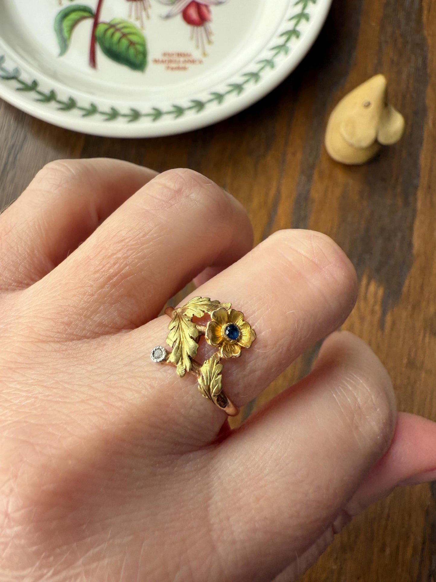 French Antique Belle Epoque Figural Wild ROSE Leaf Tricolor 18k Gold Ring Sapphire Rose Cut Diamond Floral Art Nouveau Gift Flower Stacker