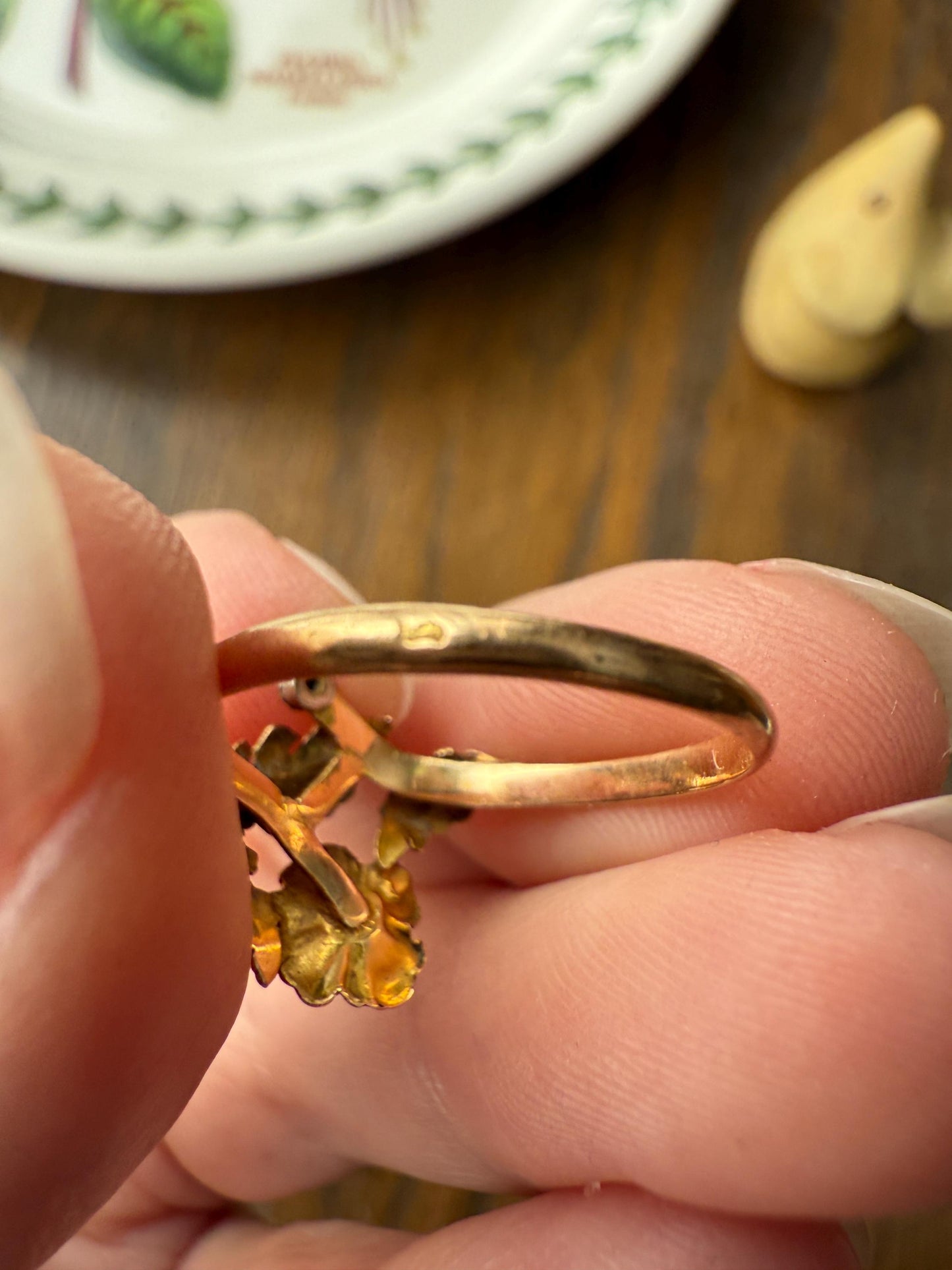 French Antique Belle Epoque Figural Wild ROSE Leaf Tricolor 18k Gold Ring Sapphire Rose Cut Diamond Floral Art Nouveau Gift Flower Stacker