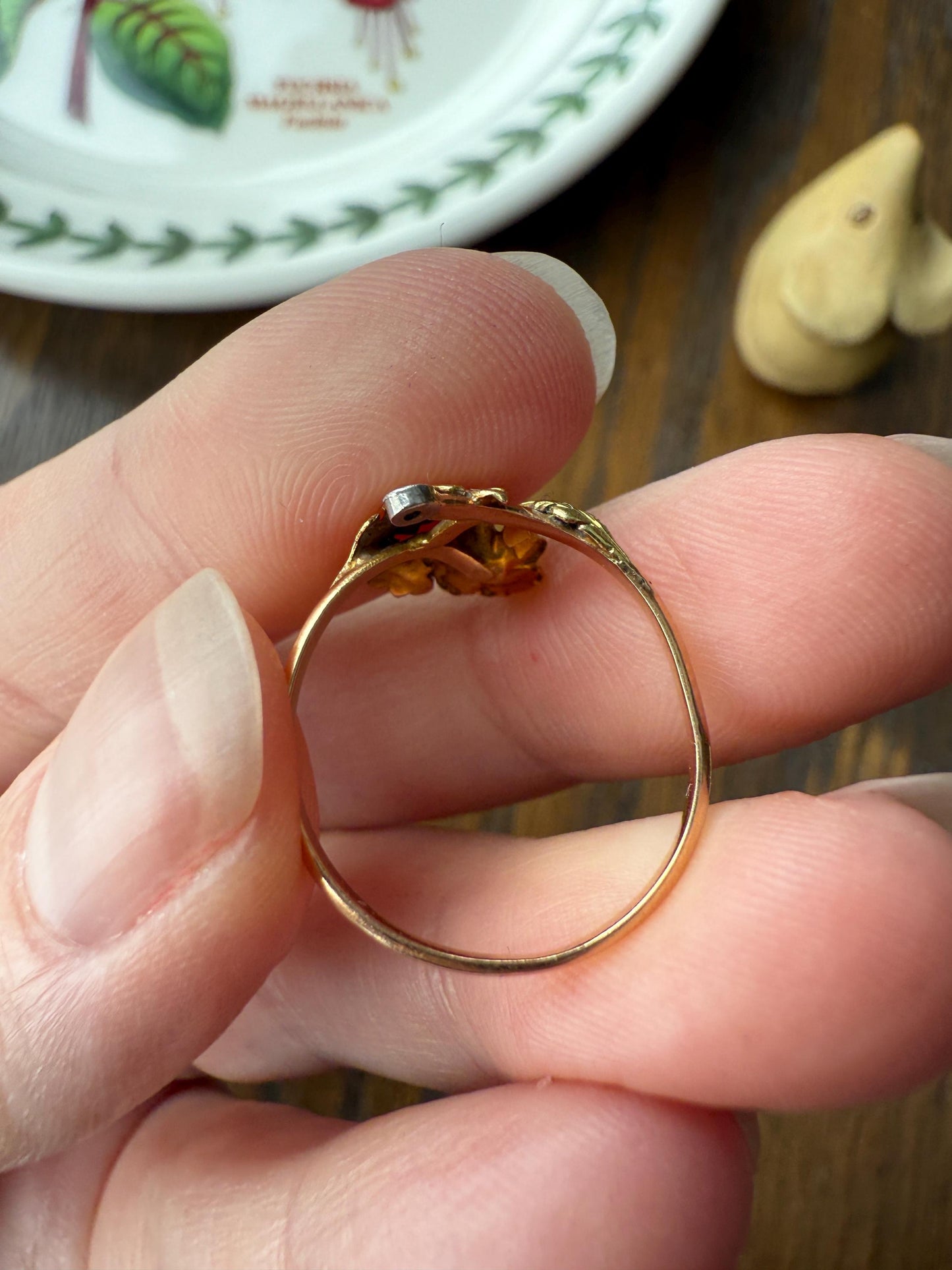 French Antique Belle Epoque Figural Wild ROSE Leaf Tricolor 18k Gold Ring Sapphire Rose Cut Diamond Floral Art Nouveau Gift Flower Stacker