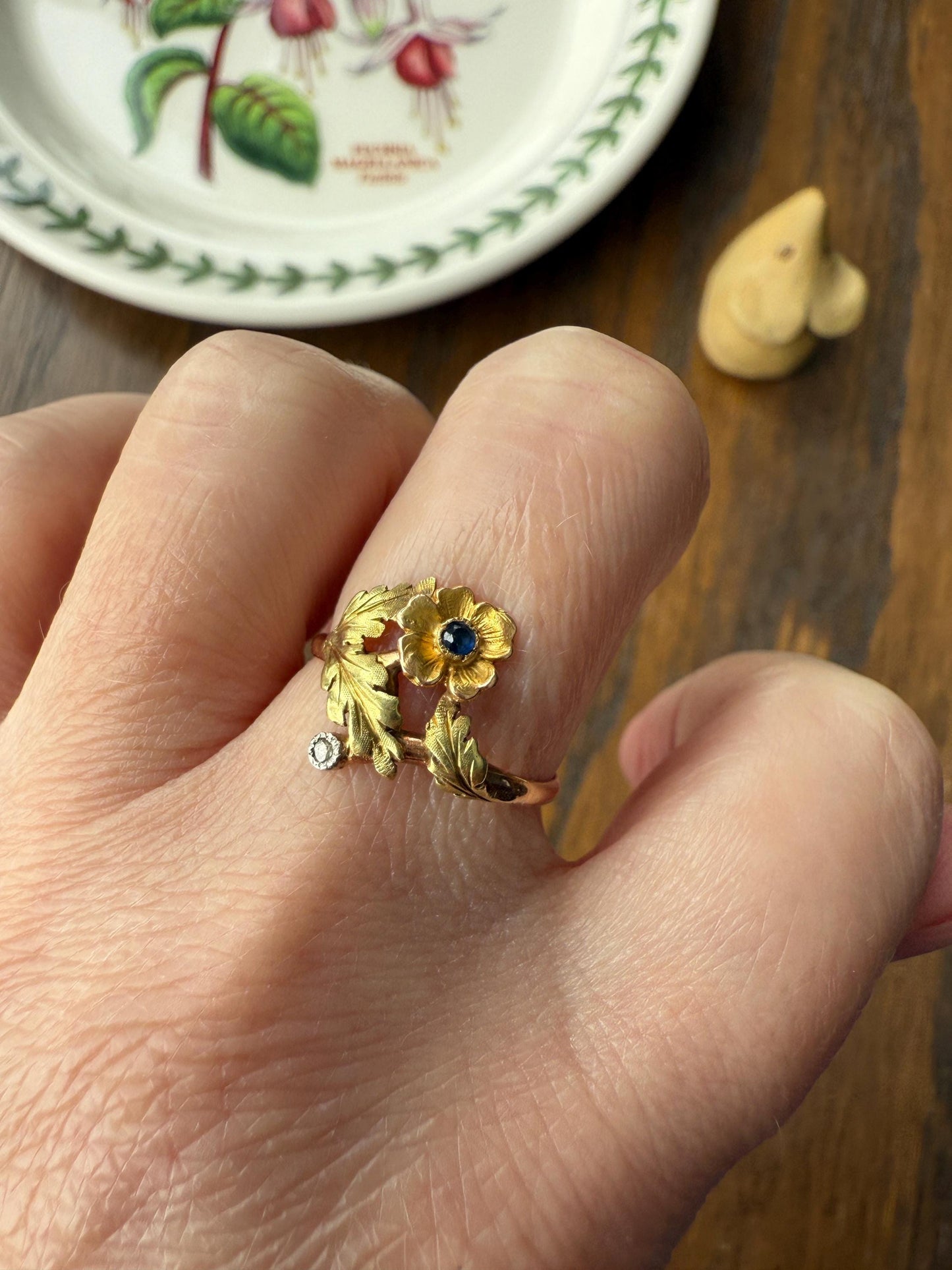 French Antique Belle Epoque Figural Wild ROSE Leaf Tricolor 18k Gold Ring Sapphire Rose Cut Diamond Floral Art Nouveau Gift Flower Stacker