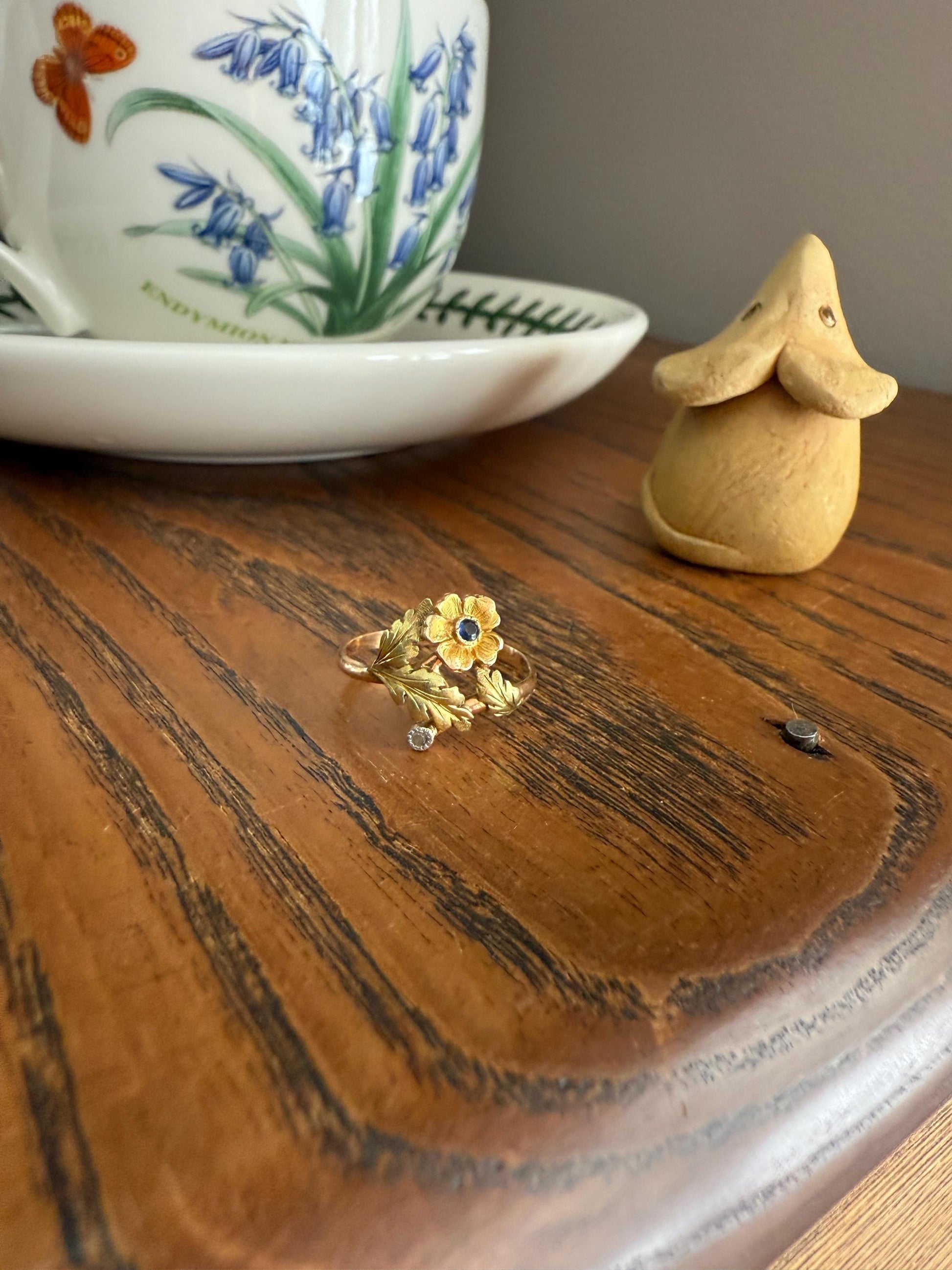 French Antique Belle Epoque Figural Wild ROSE Leaf Tricolor 18k Gold Ring Sapphire Rose Cut Diamond Floral Art Nouveau Gift Flower Stacker