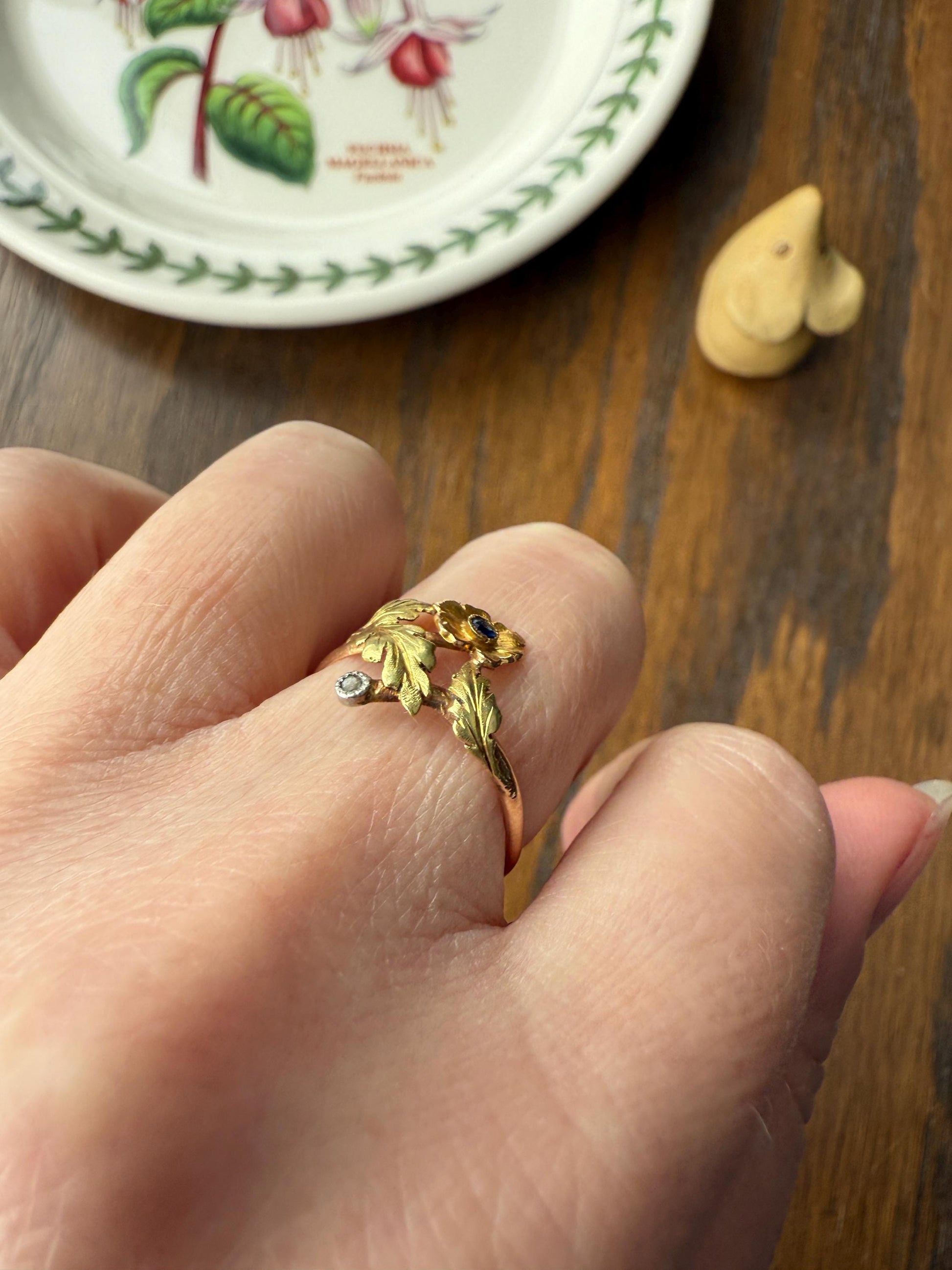 French Antique Belle Epoque Figural Wild ROSE Leaf Tricolor 18k Gold Ring Sapphire Rose Cut Diamond Floral Art Nouveau Gift Flower Stacker