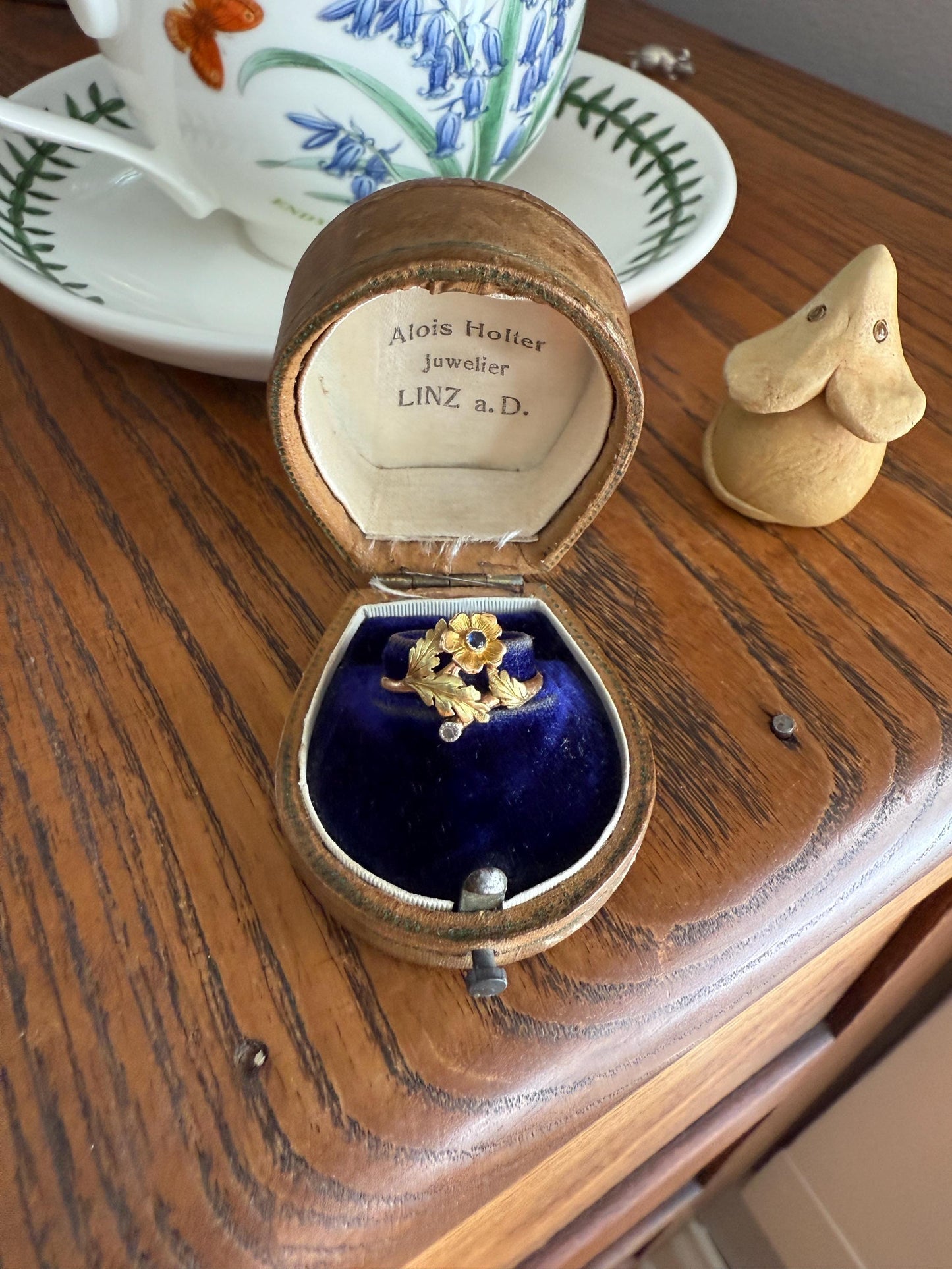 French Antique Belle Epoque Figural Wild ROSE Leaf Tricolor 18k Gold Ring Sapphire Rose Cut Diamond Floral Art Nouveau Gift Flower Stacker