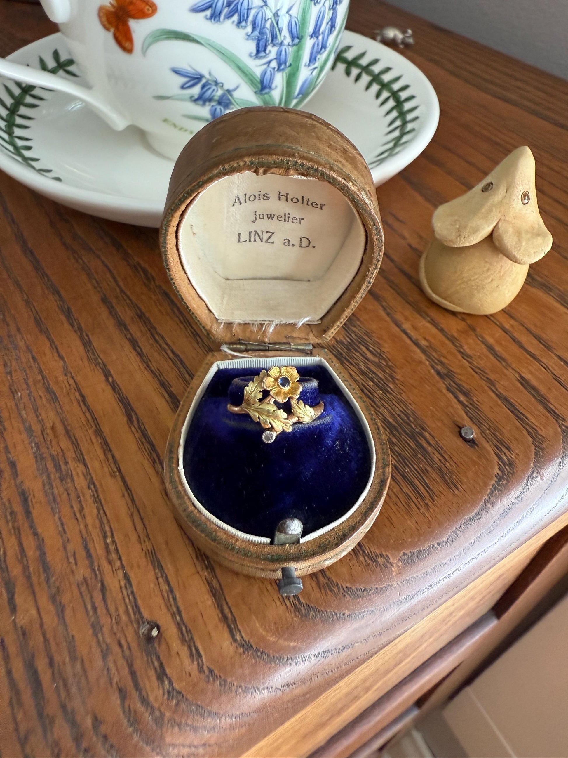 French Antique Belle Epoque Figural Wild ROSE Leaf Tricolor 18k Gold Ring Sapphire Rose Cut Diamond Floral Art Nouveau Gift Flower Stacker