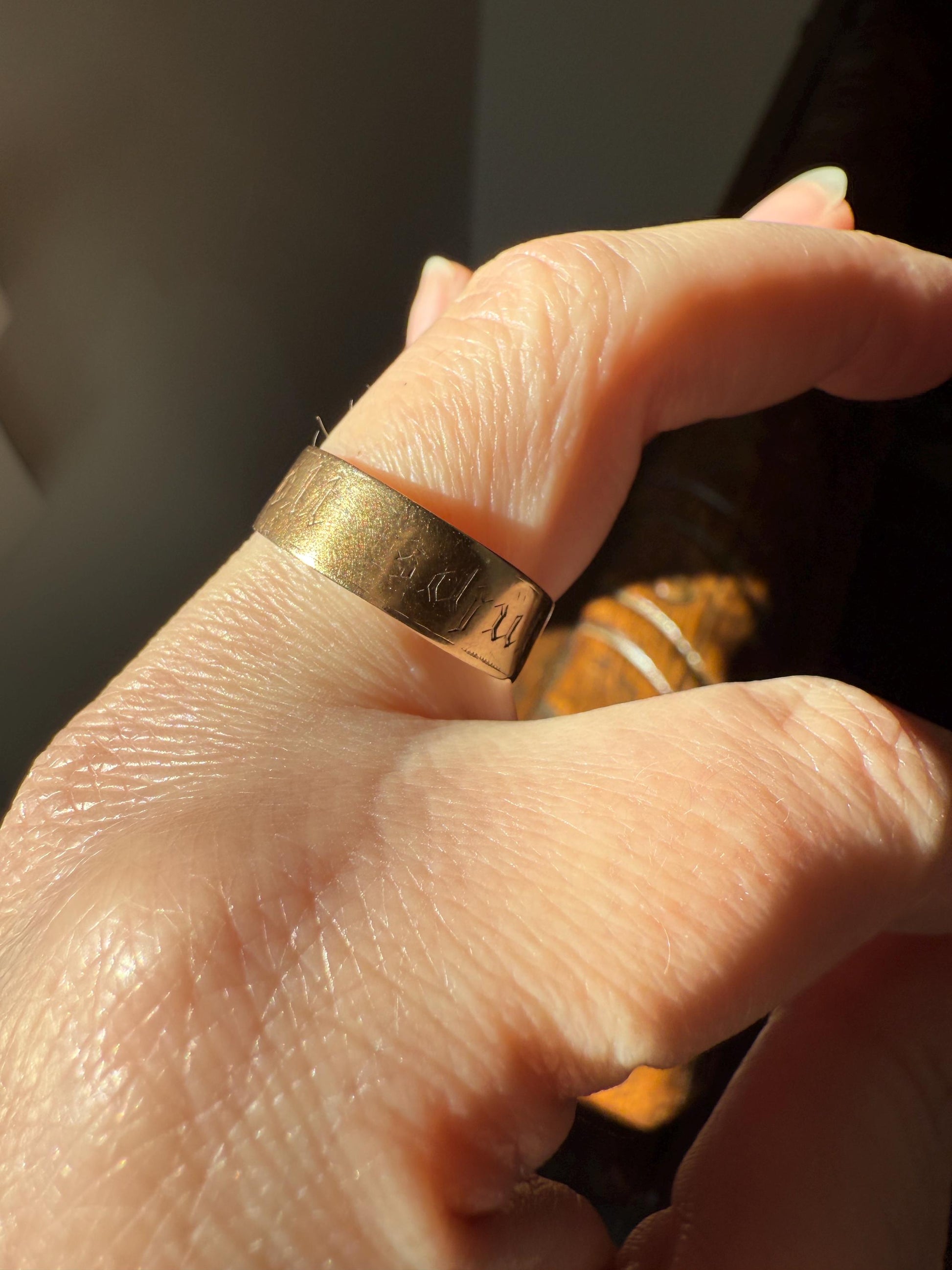 Warm Antique Cigar Band "Gott Schutze Dich" God Bless You 14k Gold Solid Victorian Eternity Ring Wedding Scarce Jewelry with Words Unisex