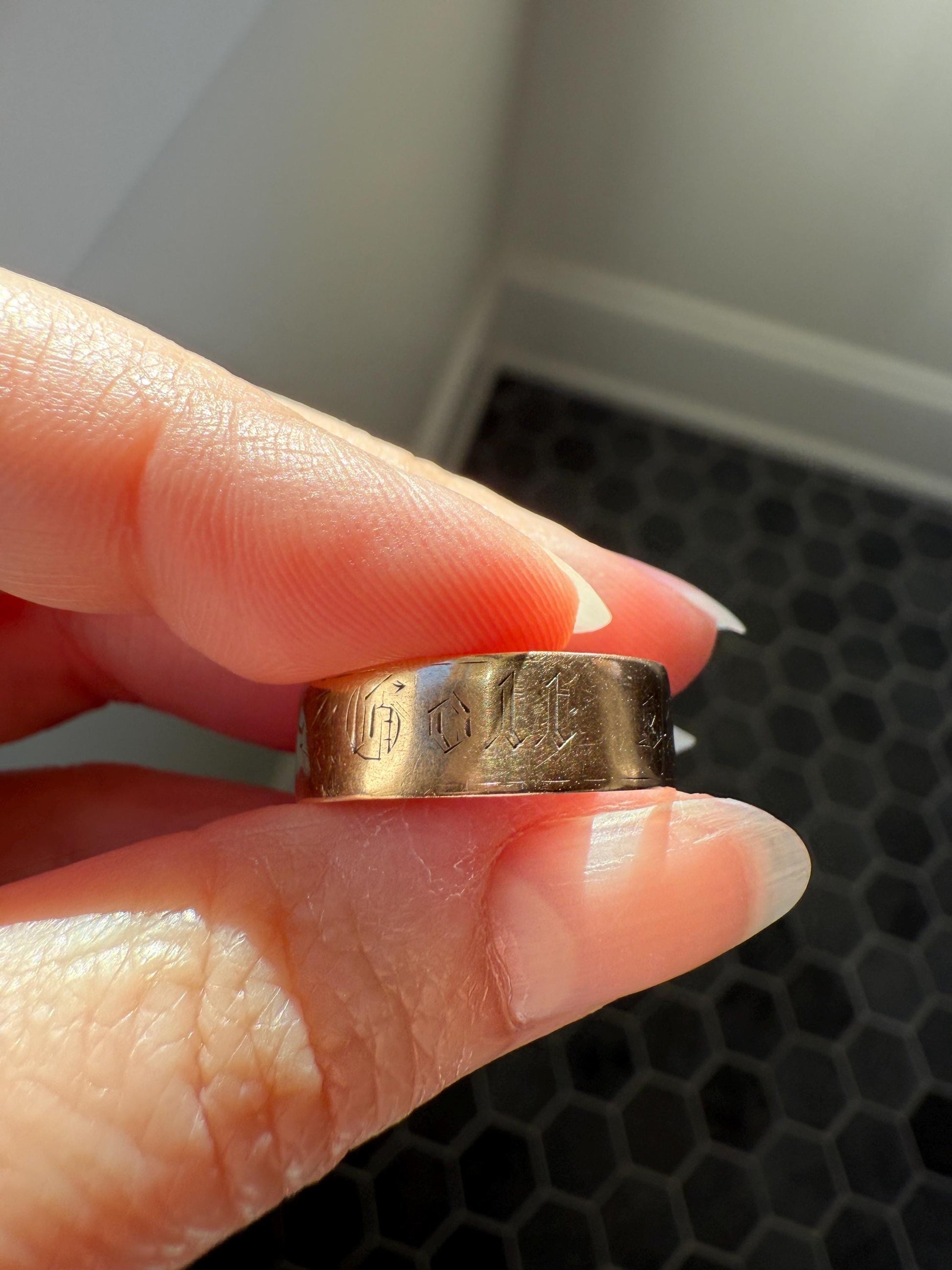 Warm Antique Cigar Band "Gott Schutze Dich" God Bless You 14k Gold Solid Victorian Eternity Ring Wedding Scarce Jewelry with Words Unisex