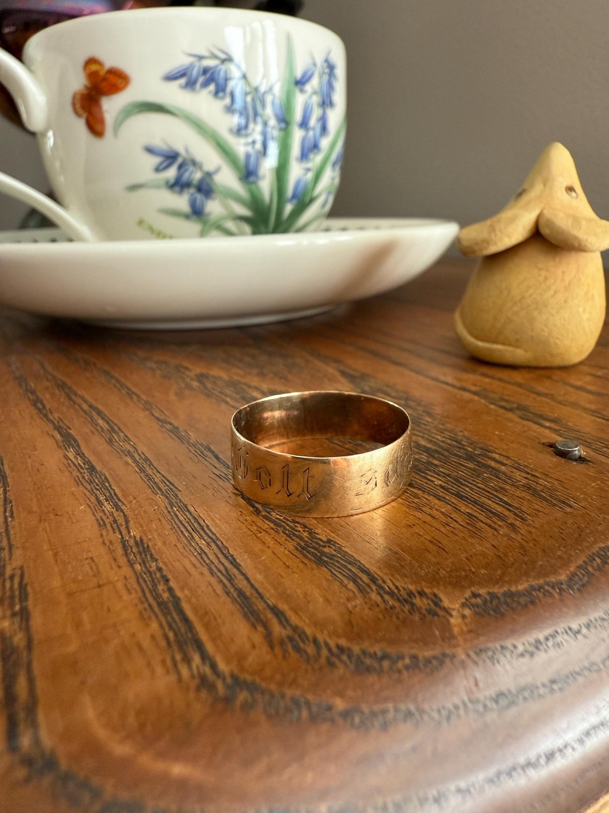 Warm Antique Cigar Band "Gott Schutze Dich" God Bless You 14k Gold Solid Victorian Eternity Ring Wedding Scarce Jewelry with Words Unisex