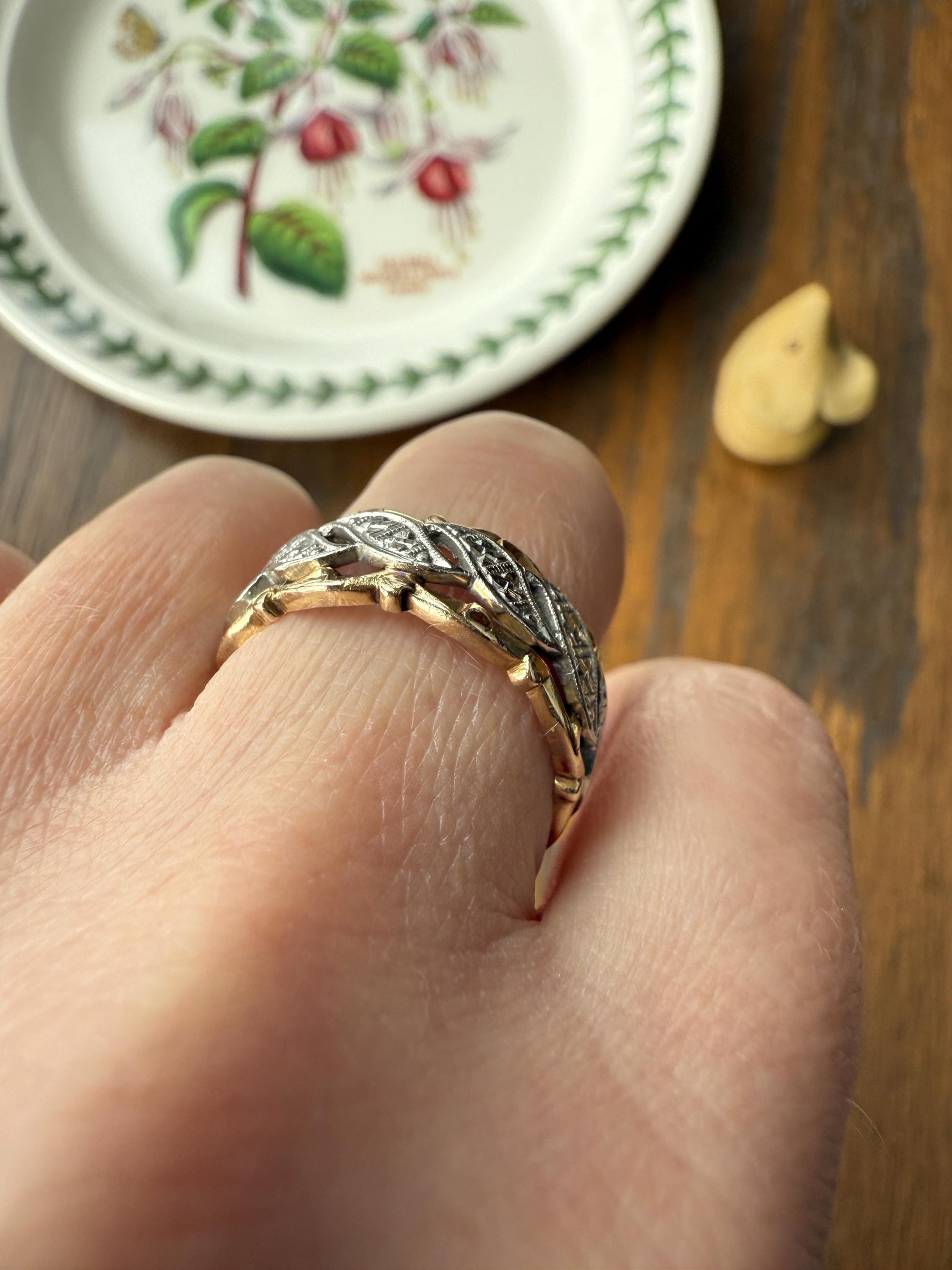 Swirling Art Deco ANTIQUE Two Tone 14k Gold Ring Eternity Wide Band Wedding Chunky Stacker Illusion Chiseled Rivet Cigar