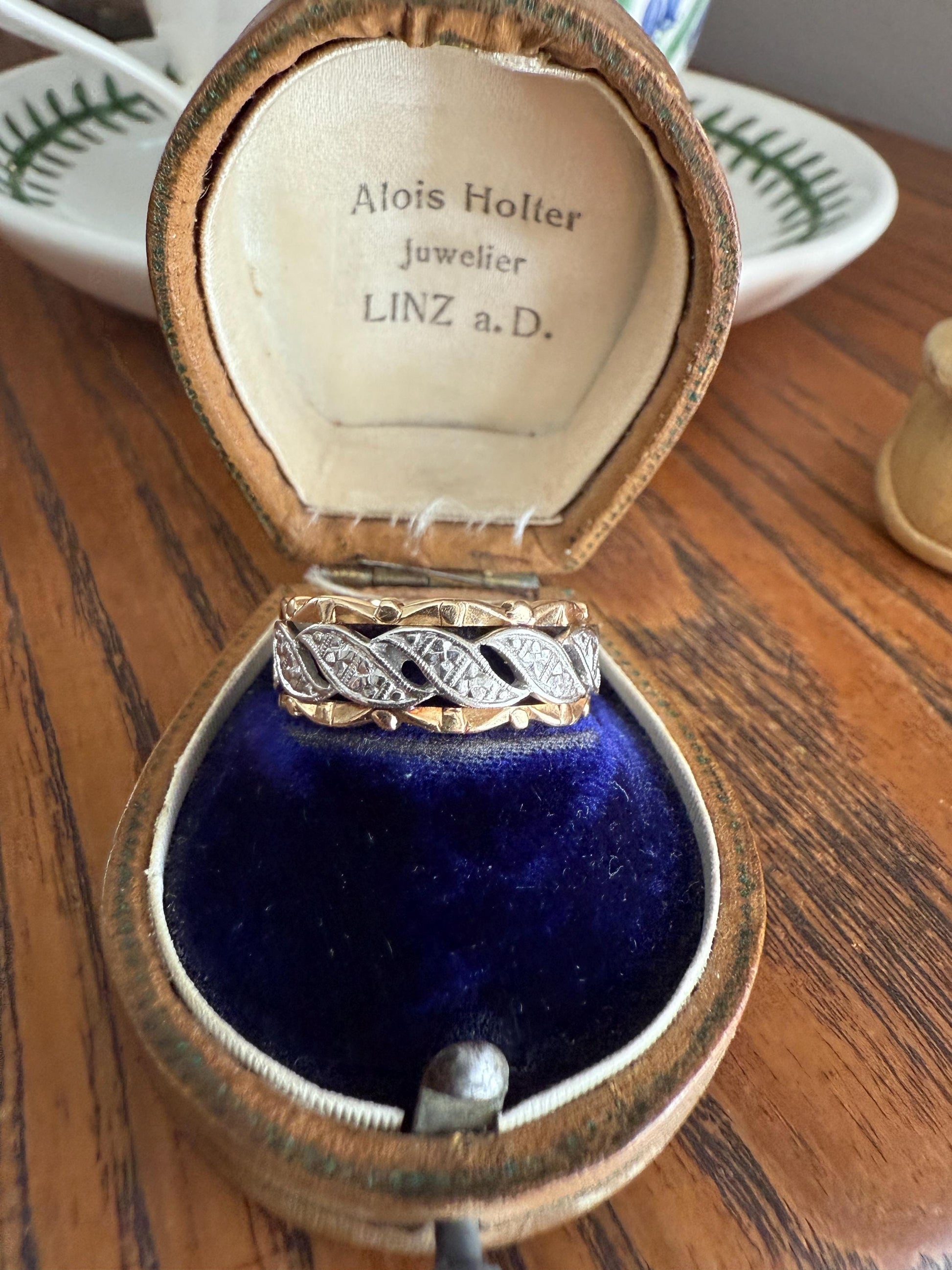 Swirling Art Deco ANTIQUE Two Tone 14k Gold Ring Eternity Wide Band Wedding Chunky Stacker Illusion Chiseled Rivet Cigar