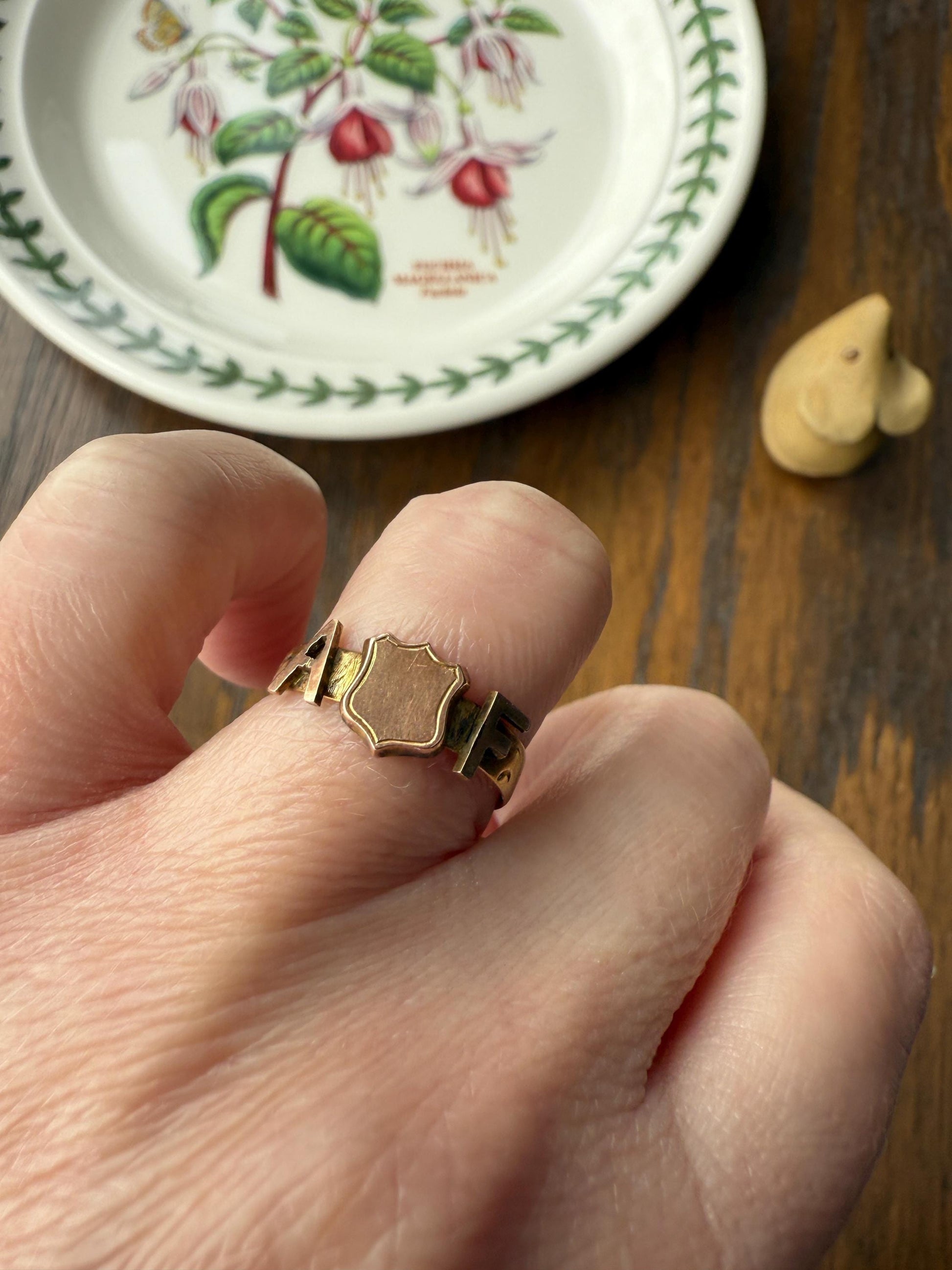 Unique " AF " Shield Signet Ring Antique Engraved Band 9k Gold Solid Unisex Stacker Figural Ready to Engrave / Personalize