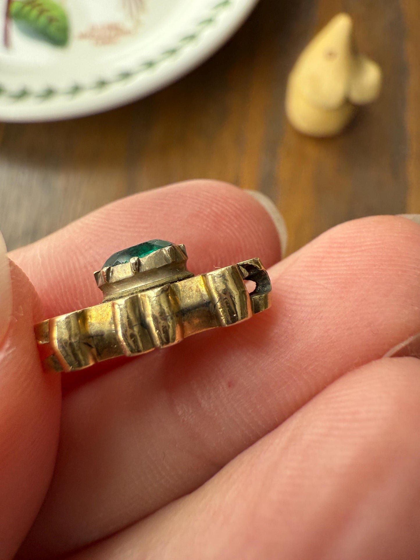 Reversible Slide PENDANT French Antique 14k Gold Engraved Green Paste Faux Emerald Collet Set Bracelet or Necklace Charm Victorian Parts