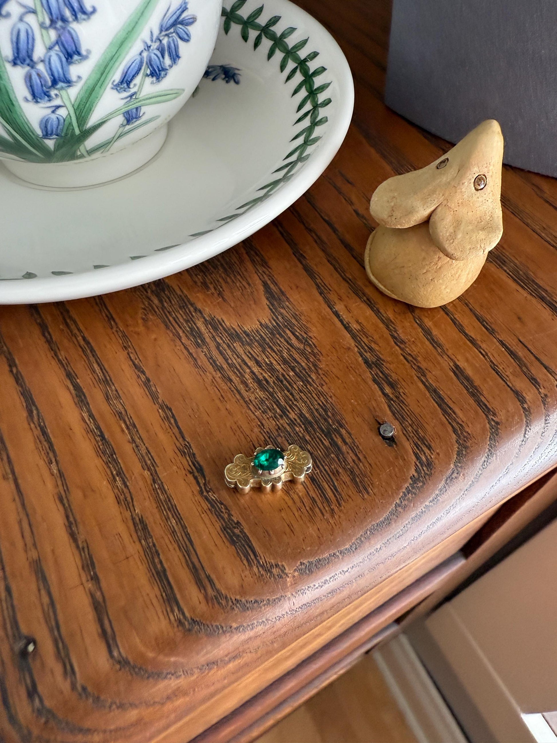 Reversible Slide PENDANT French Antique 14k Gold Engraved Green Paste Faux Emerald Collet Set Bracelet or Necklace Charm Victorian Parts