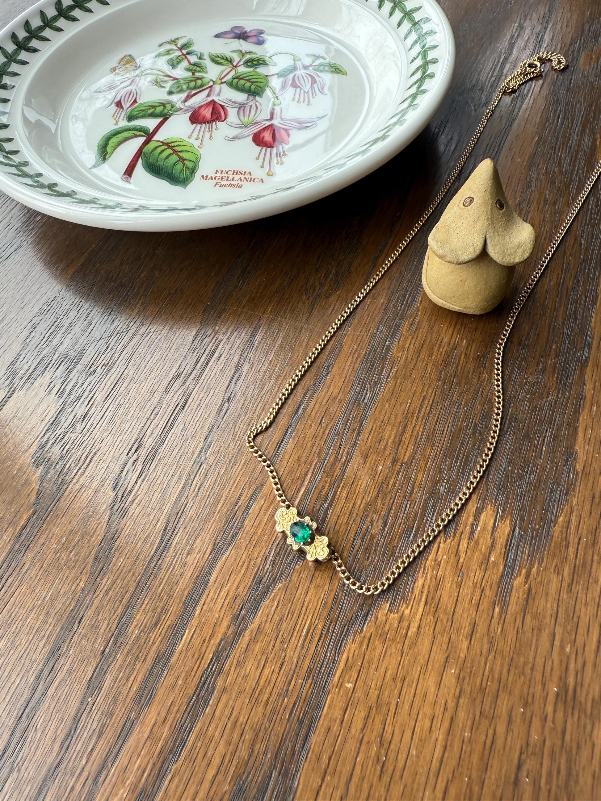 Reversible Slide PENDANT French Antique 14k Gold Engraved Green Paste Faux Emerald Collet Set Bracelet or Necklace Charm Victorian Parts