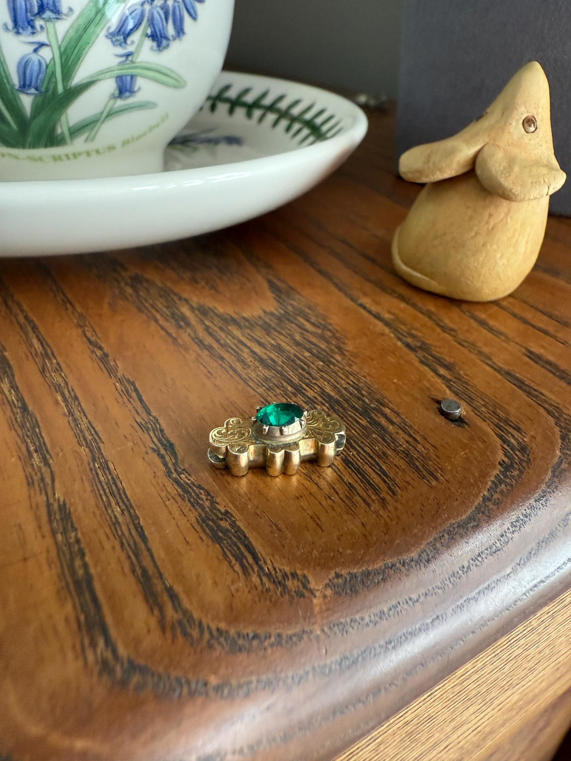 Reversible Slide PENDANT French Antique 14k Gold Engraved Green Paste Faux Emerald Collet Set Bracelet or Necklace Charm Victorian Parts